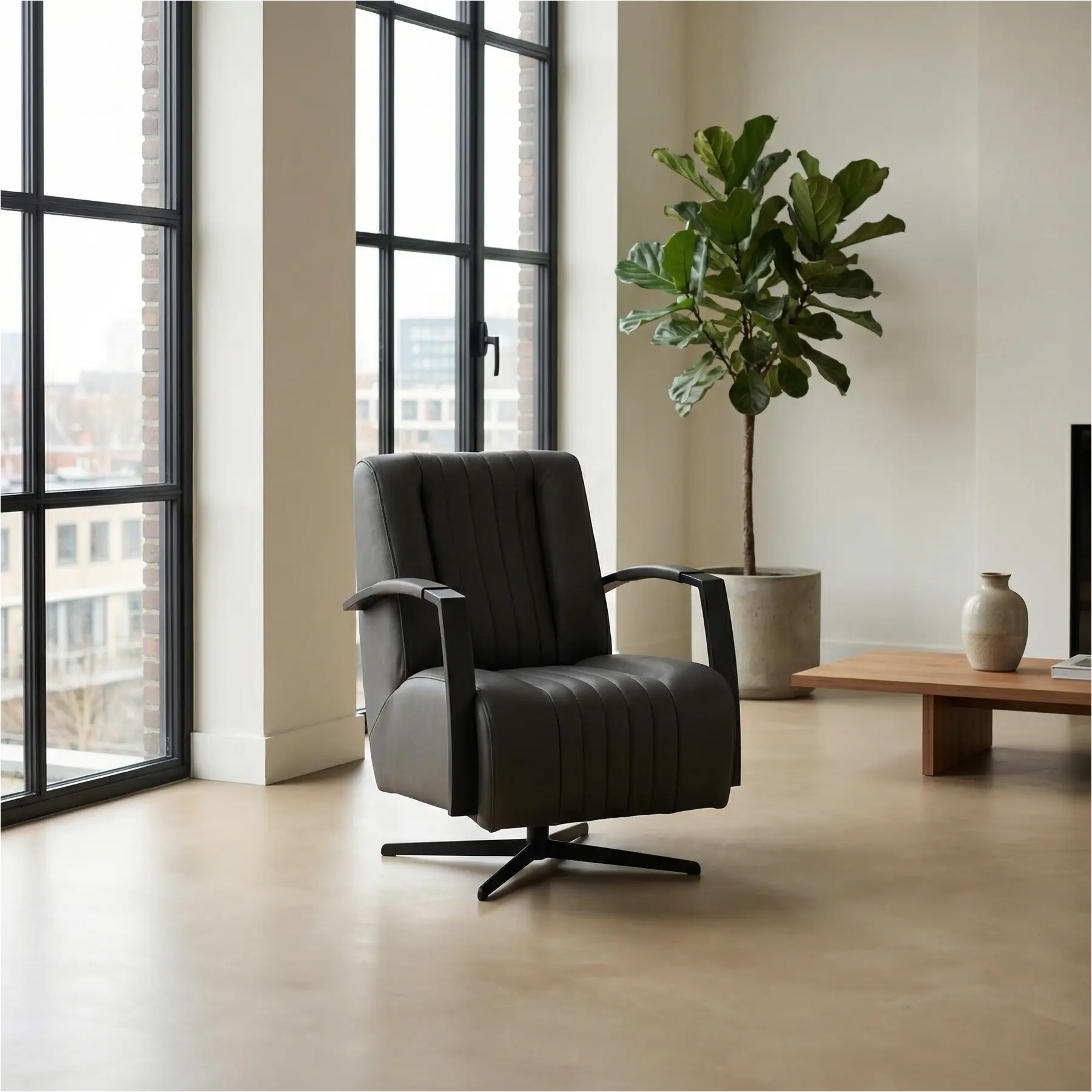 afbeelding van Leren draaifauteuil Galaxy - Toledo Antracite (donkergrijs) - Stervoet zwart