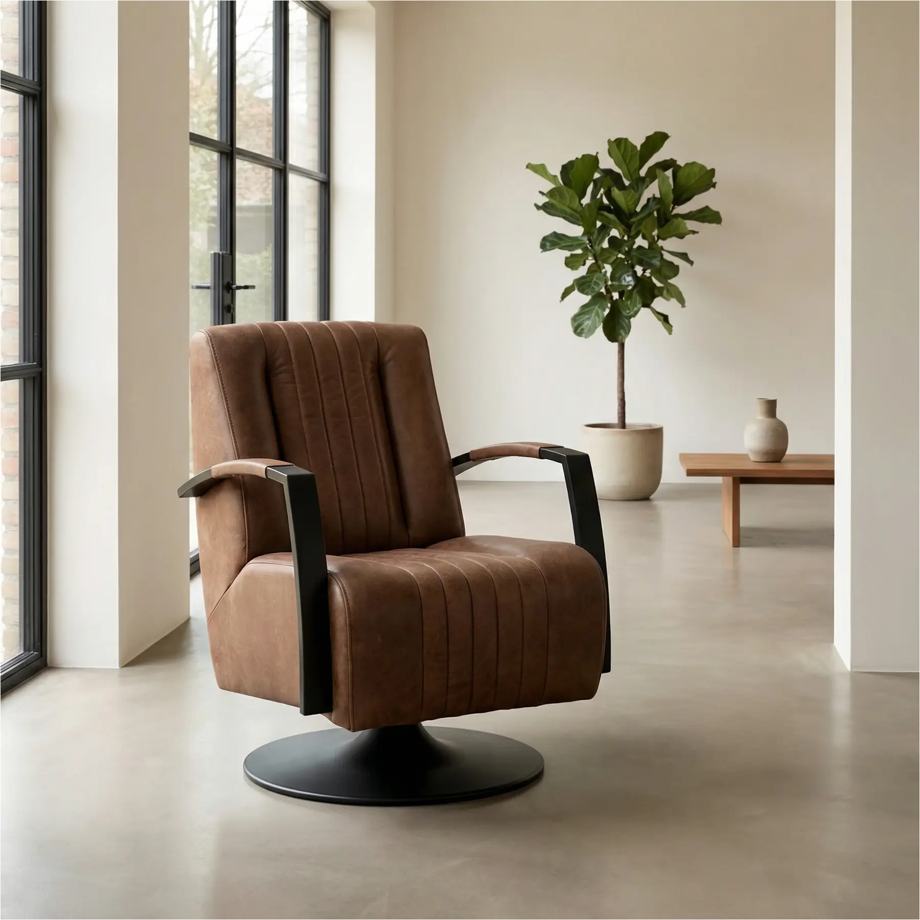 afbeelding van Leren draaifauteuil Galaxy - Vintage Brown (bruin) - Schotelvoet zwart