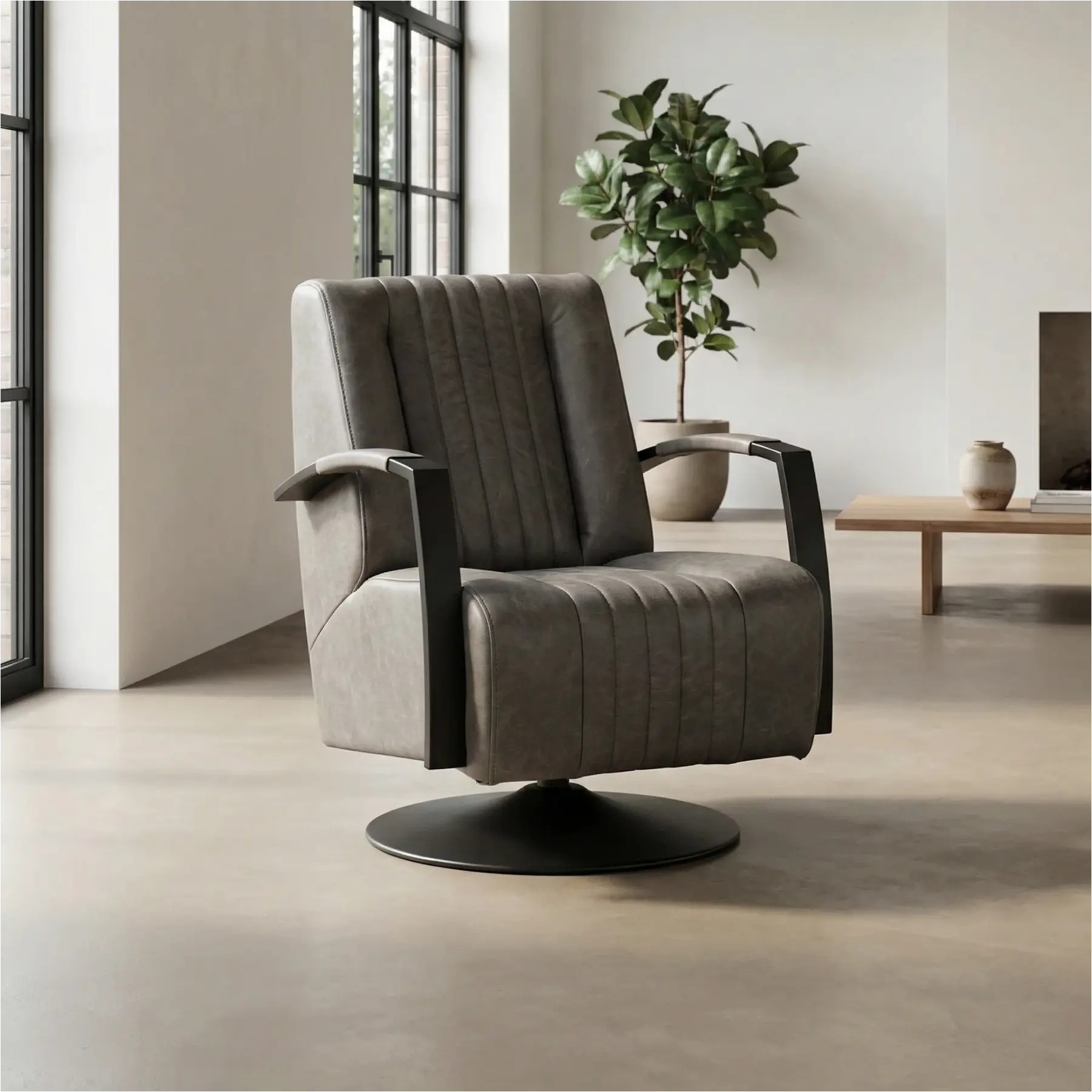 afbeelding van Leren draaifauteuil Galaxy - Vintage Grey (grijs) - Schotelvoet zwart