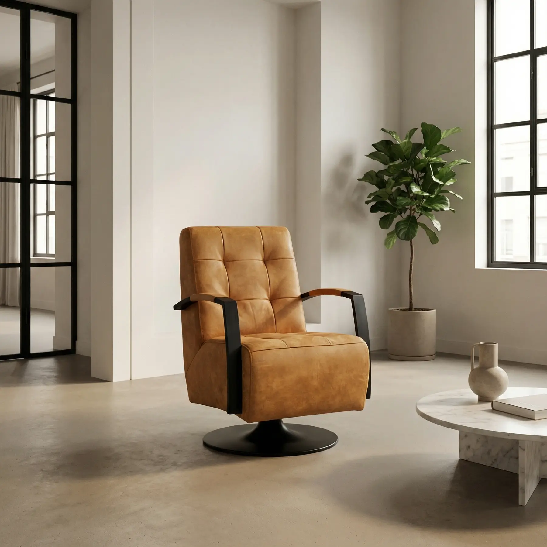 afbeelding van Leren draaifauteuil Mind - Kenia Cognac (cognac) - Schotelvoet zwart