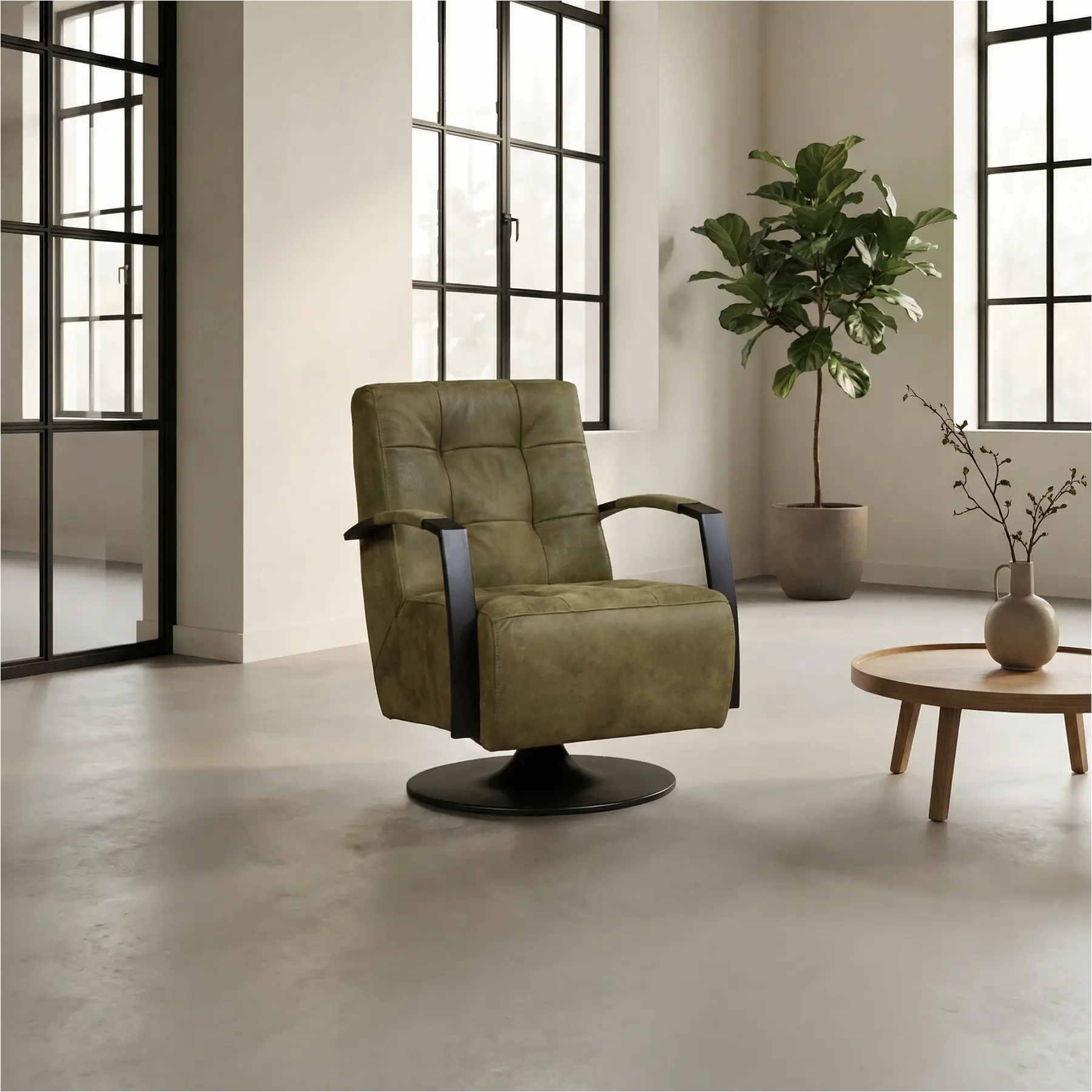 afbeelding van Leren draaifauteuil Mind - Kenia Olive (olijf) - Schotelvoet zwart