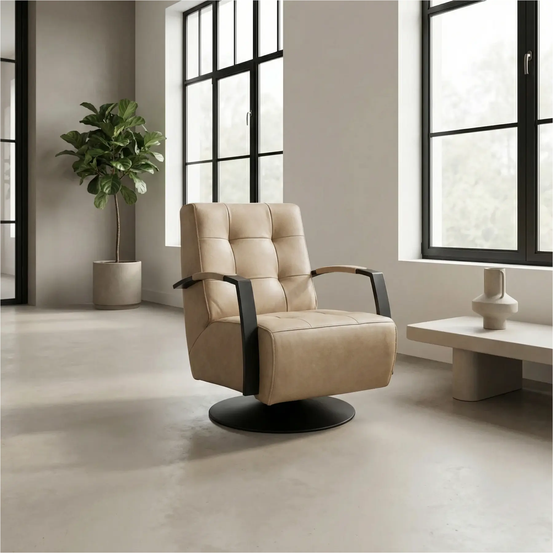 afbeelding van Leren draaifauteuil Mind - Kenia Taupe (taupe/bruin) - Schotelvoet zwart