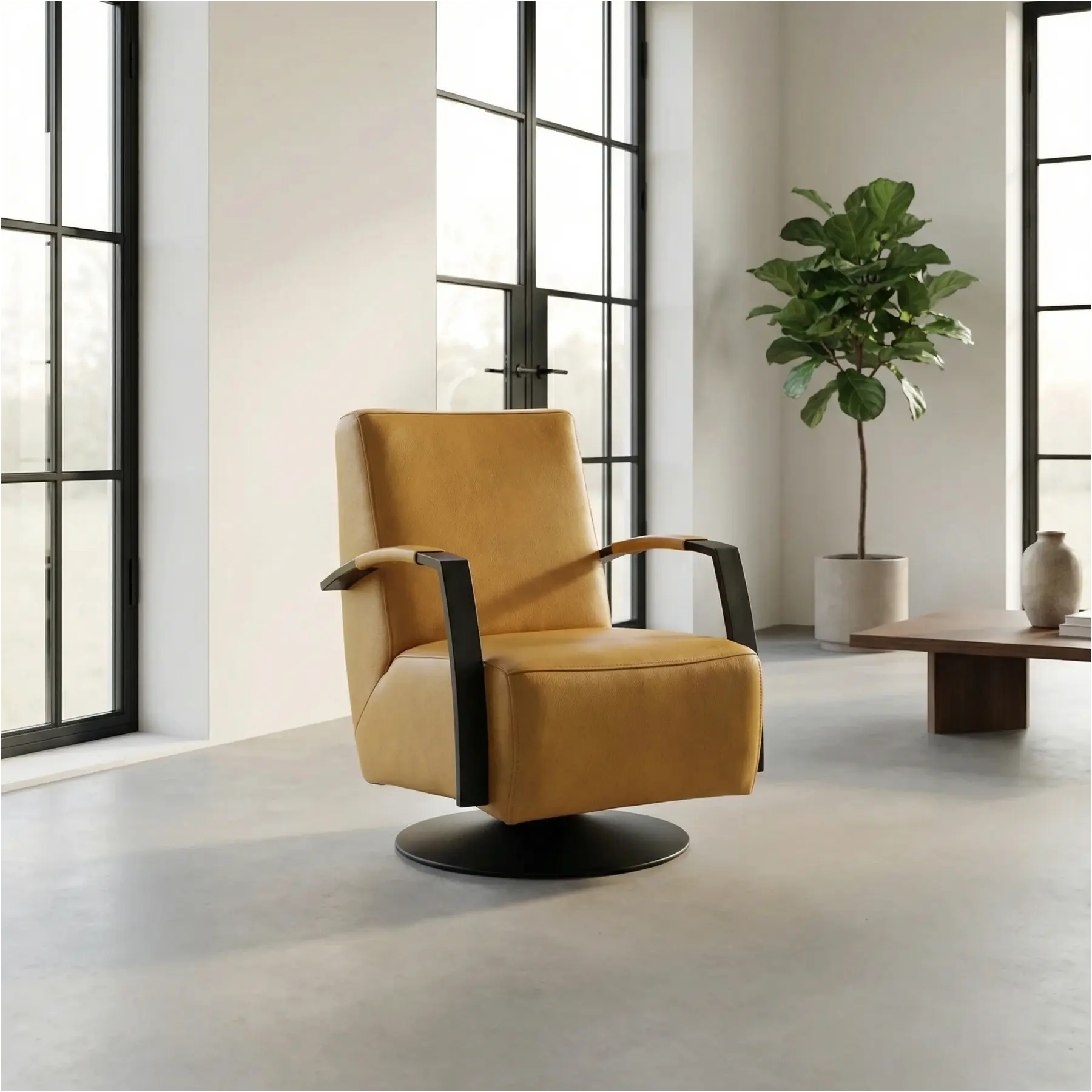 afbeelding van Leren draaifauteuil Mood - Granada Amber (cognac) - Schotelvoet zwart