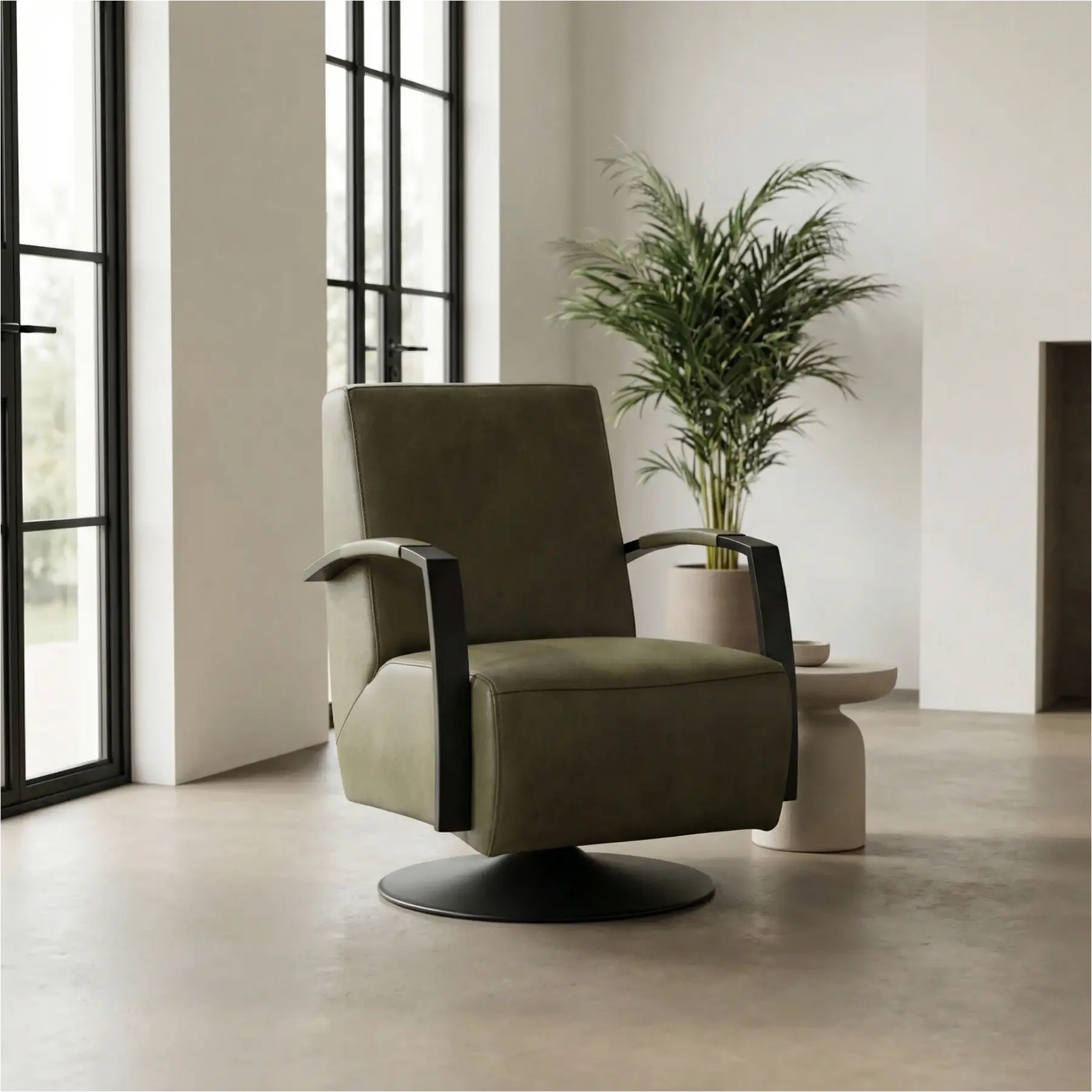 afbeelding van Leren draaifauteuil Mood - Granada Moss (olijf/groen) - Schotelvoet zwart
