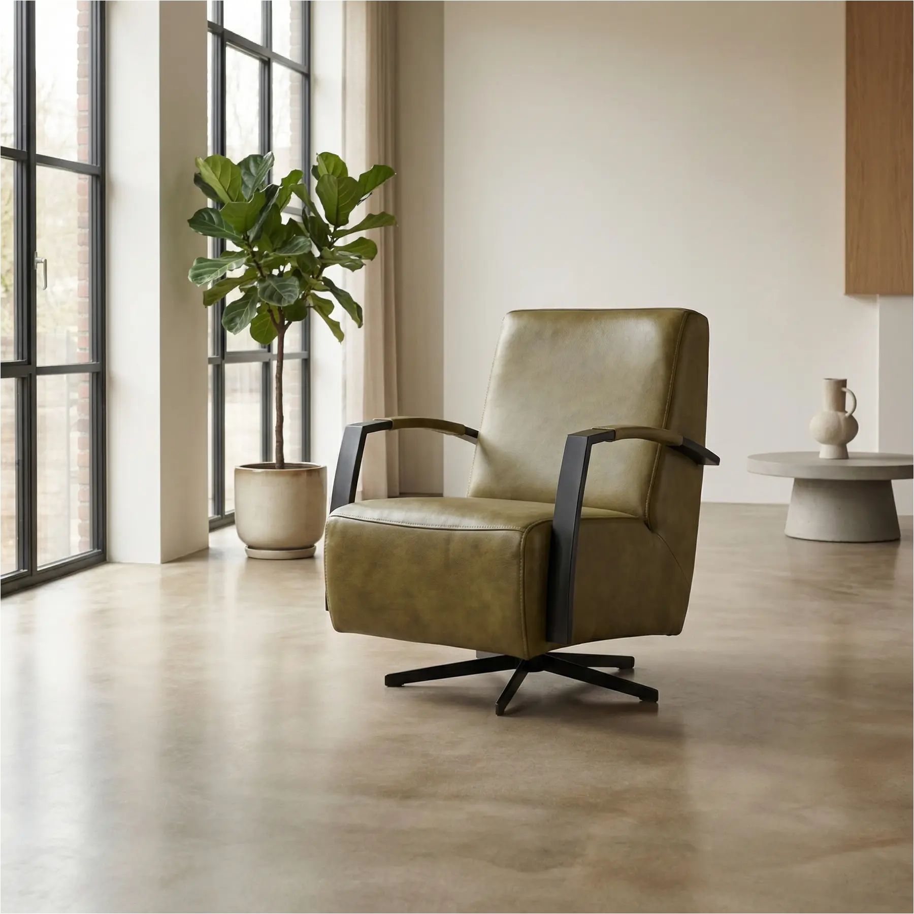 afbeelding van Leren draaifauteuil Mood - Granada Olive (olijf) - Stervoet zwart