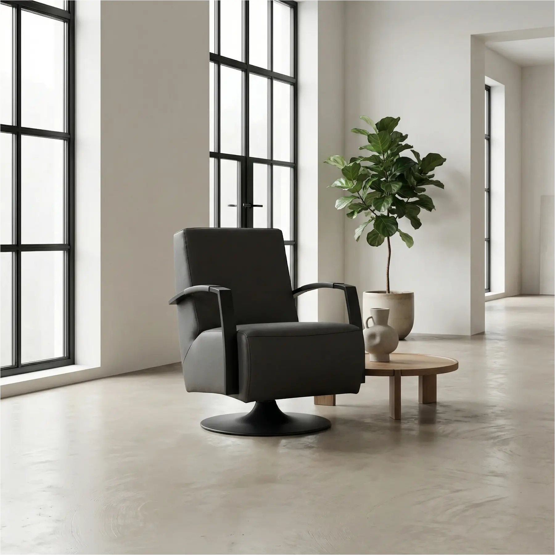 afbeelding van Leren draaifauteuil Mood - Hermes Antracite (donkergrijs) - Schotelvoet zwart