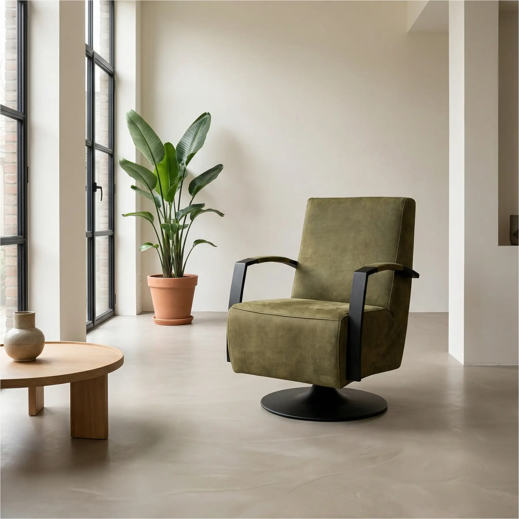 afbeelding van Leren draaifauteuil Mood - Kenia Olive (olijf) - Schotelvoet zwart