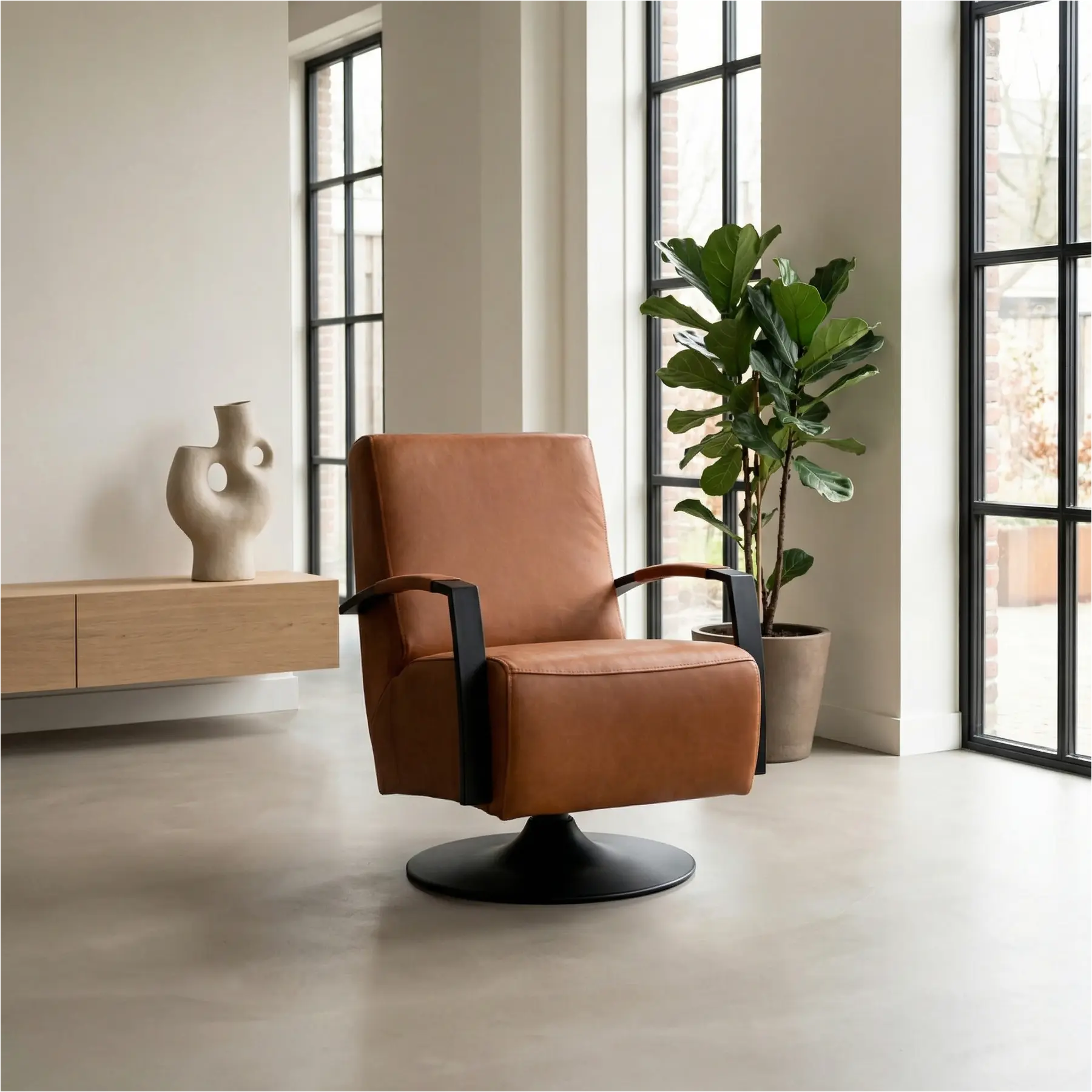afbeelding van Leren draaifauteuil Mood - Rancho Cognac (cognac) - Schotelvoet zwart