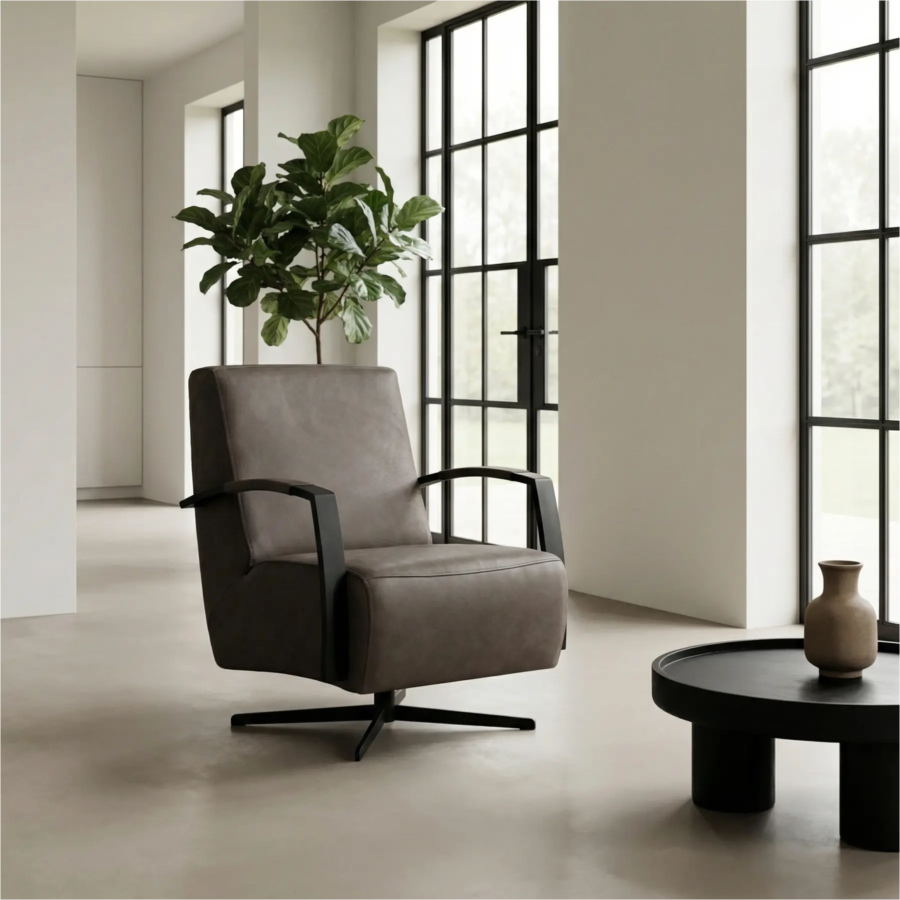 afbeelding van Leren draaifauteuil Mood - Rancho Steel (grijs) - Stervoet zwart