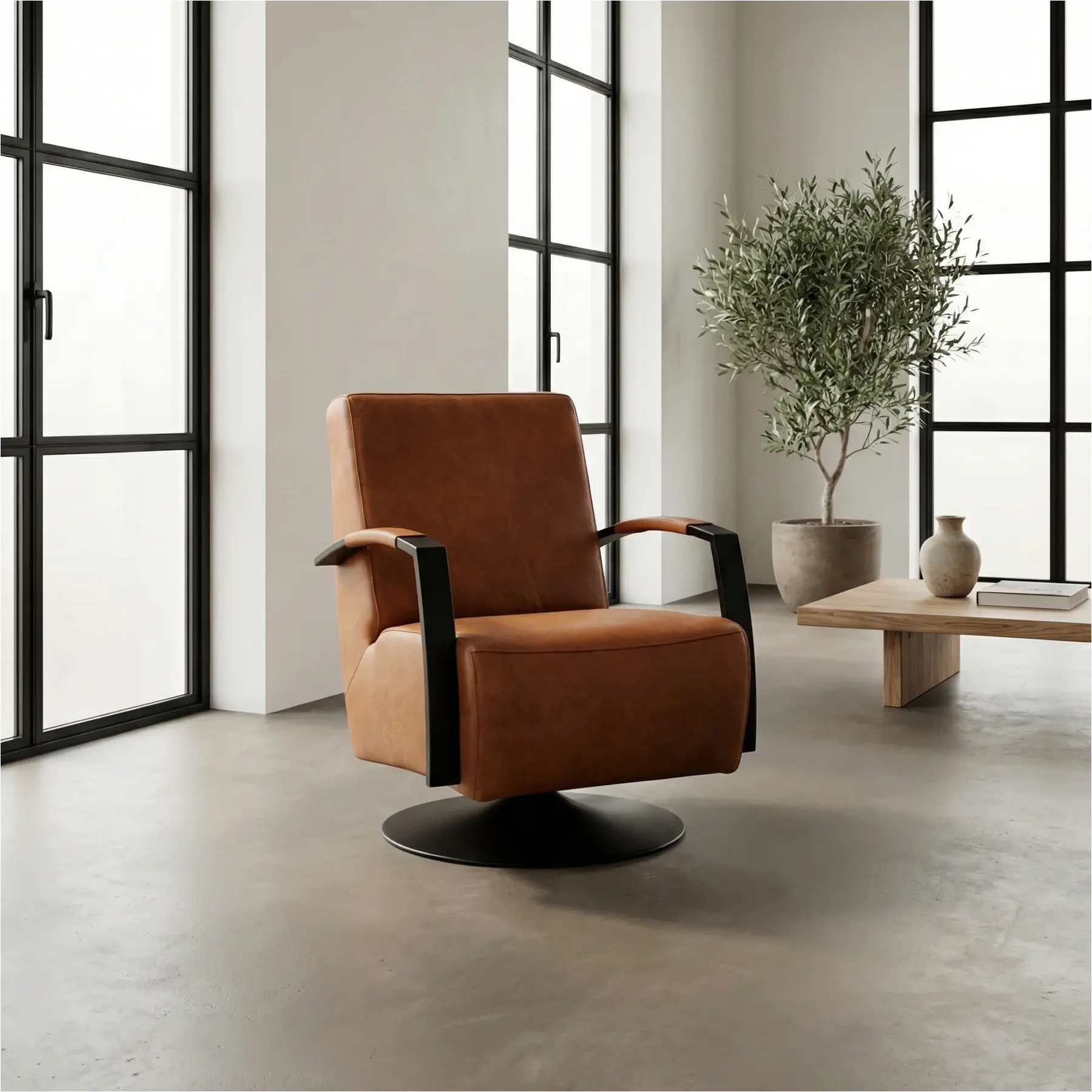 afbeelding van Leren draaifauteuil Mood - Vintage Cognac (cognac) - Schotelvoet zwart