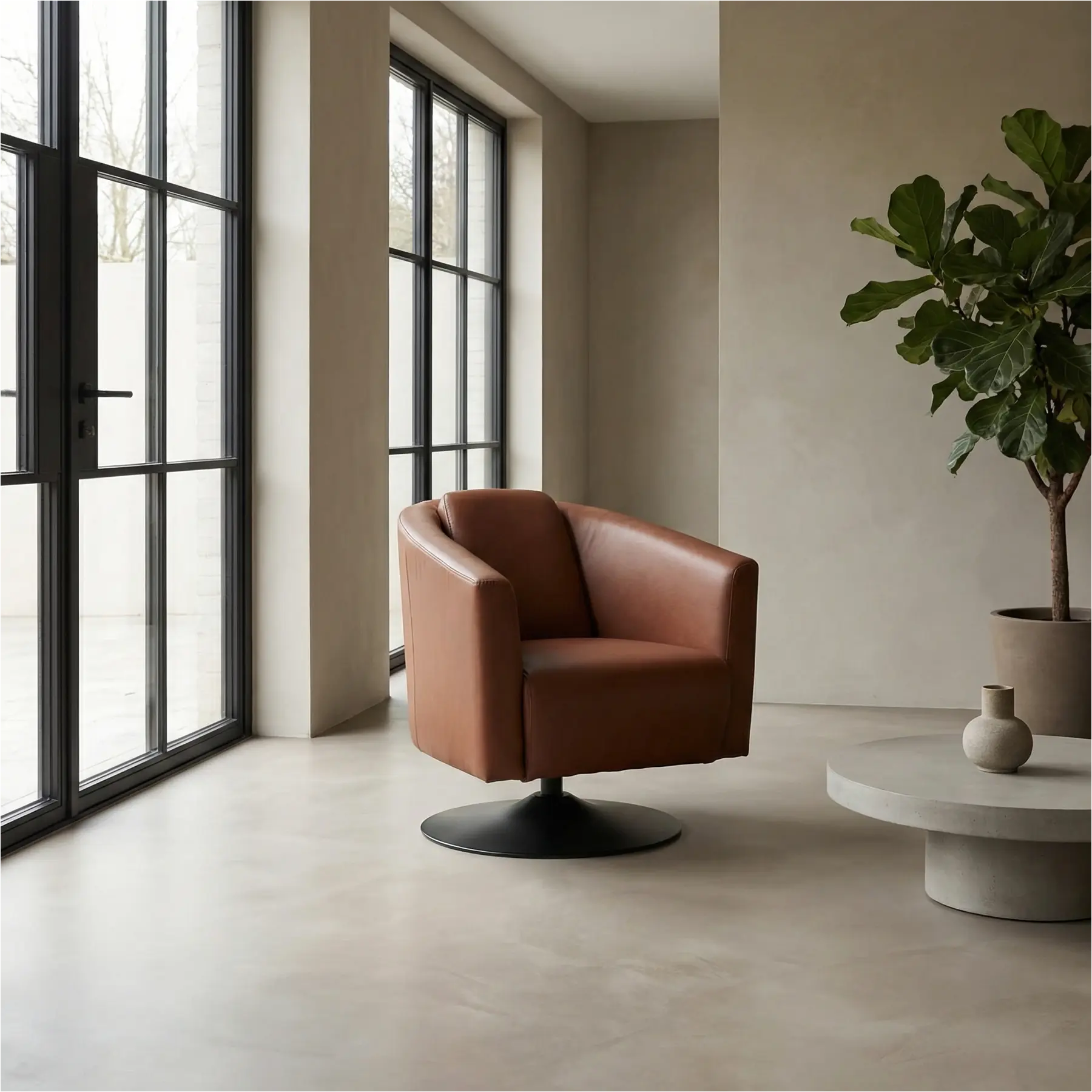 afbeelding van Leren draaifauteuil Press - Massif Armagnac (donkercognac) - Schotelvoet zwart