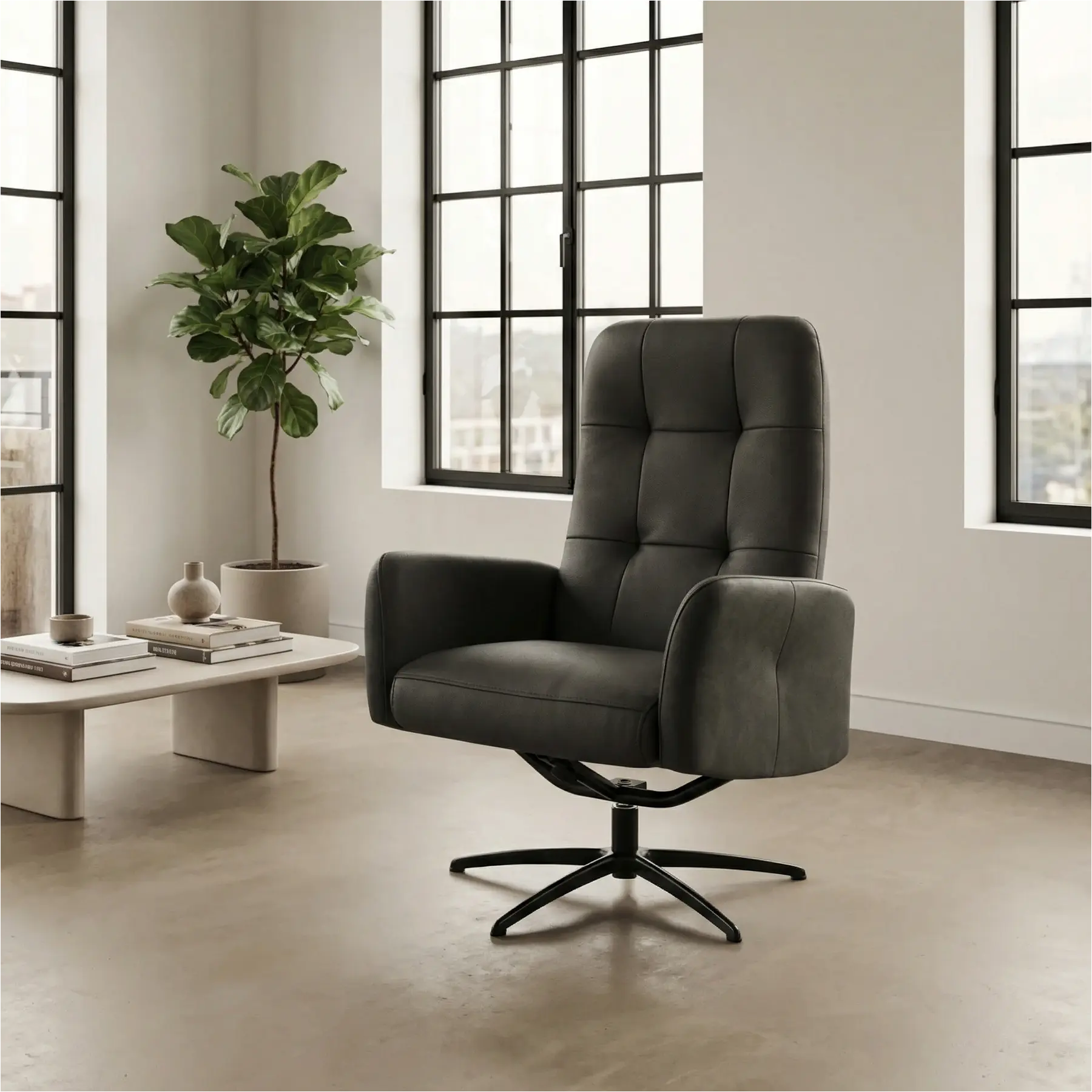 afbeelding van Leren draaifauteuil Pulse Duo - Kenia Antracite en Toledo Antracite - Stervoet zwart