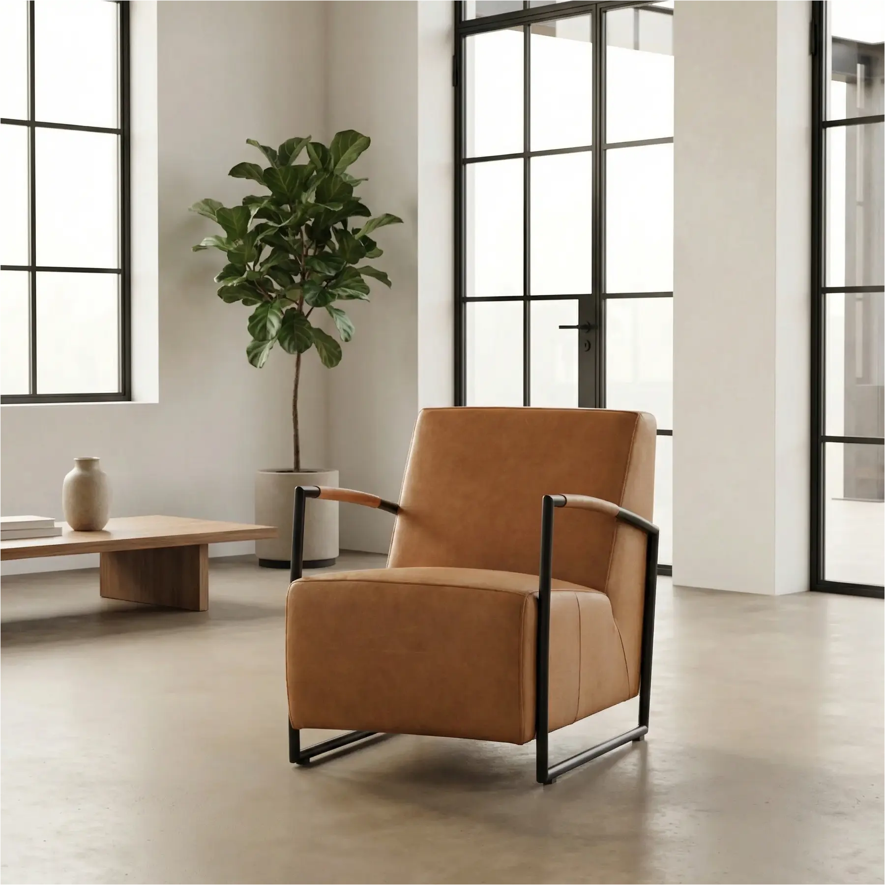 afbeelding van Leren industriële fauteuil Creative - Rancho Leer Cognac - Frame zwart