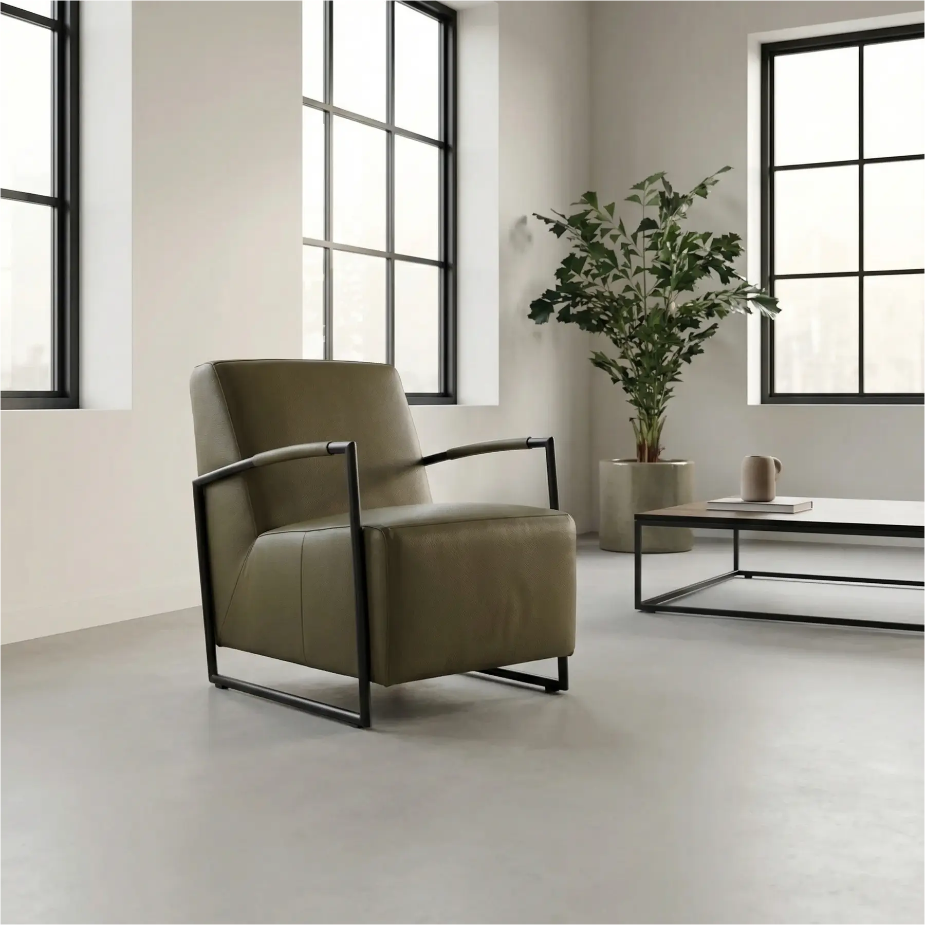 afbeelding van Groene leren industriële fauteuil Creative - Toledo leer Olive - Frame zwart