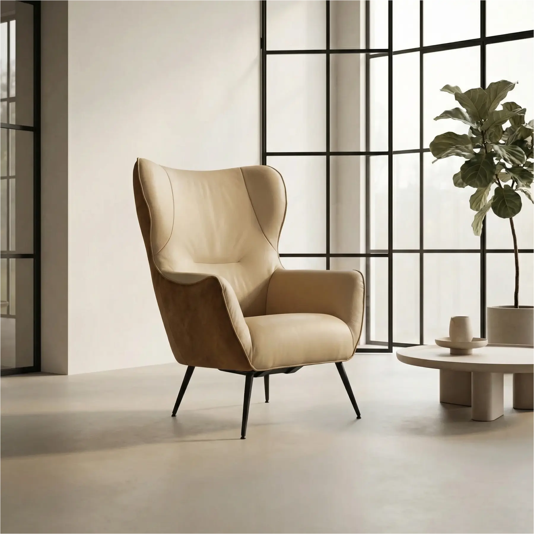 afbeelding van Leren fauteuil Flair Duo - Kenia Walnut en Toledo Kalahari - Poten staal rond zwart