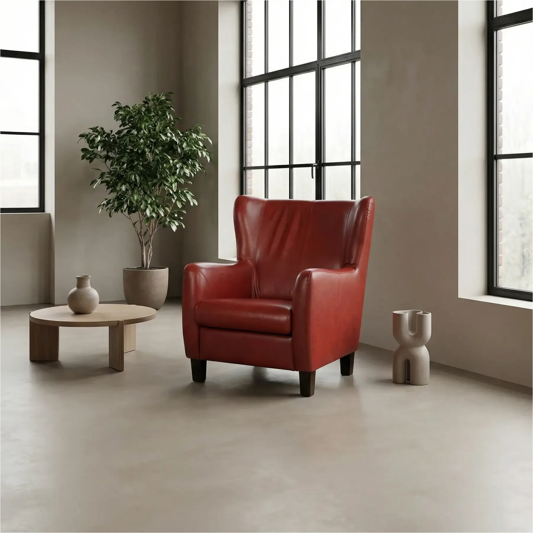 afbeelding van Leren fauteuil Hug - Granada Rouge (rood) - Poten hout bruin