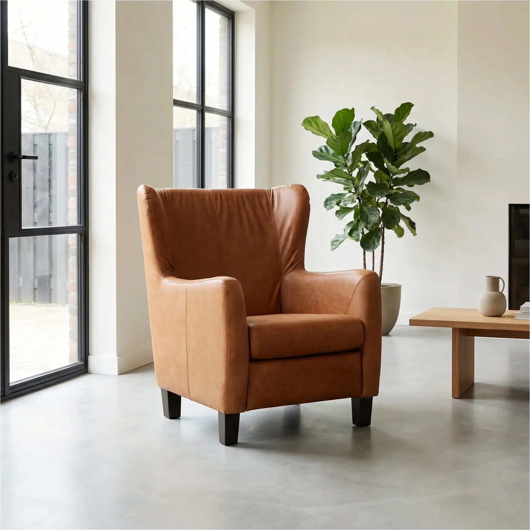 afbeelding van Leren fauteuil Hug - Vintage Cognac (cognac) - Poten hout bruin