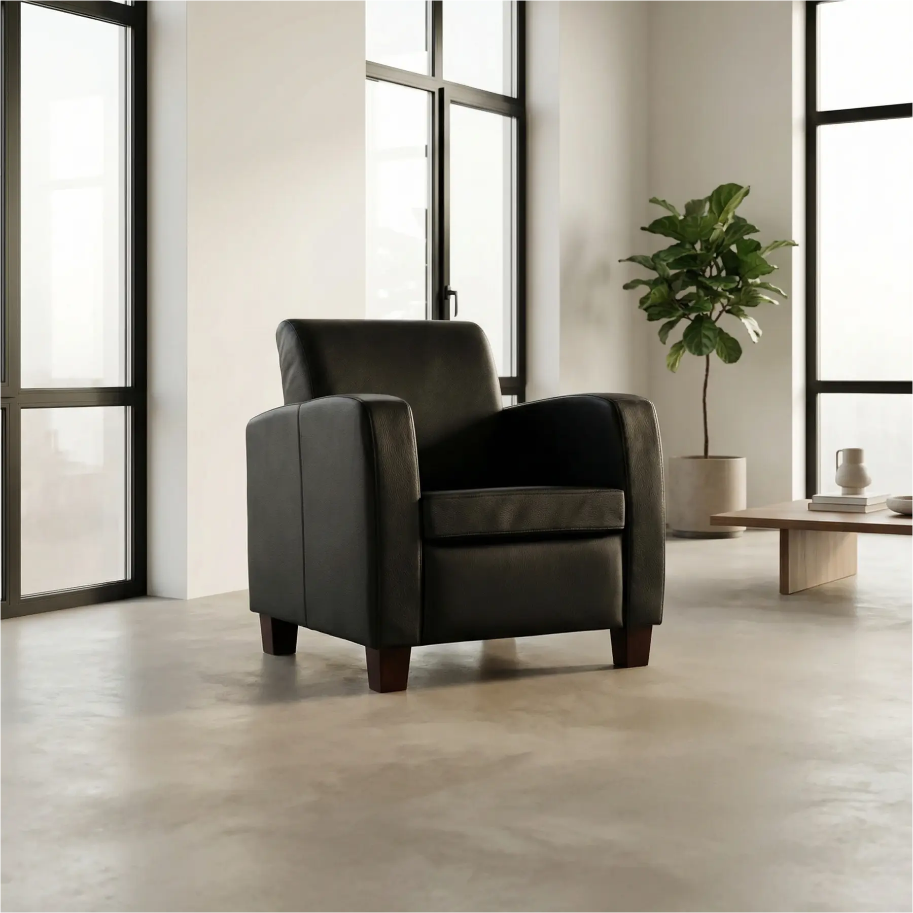 afbeelding van Leren fauteuil Joy - Hermes Nero (zwart) - Poten hout zwart