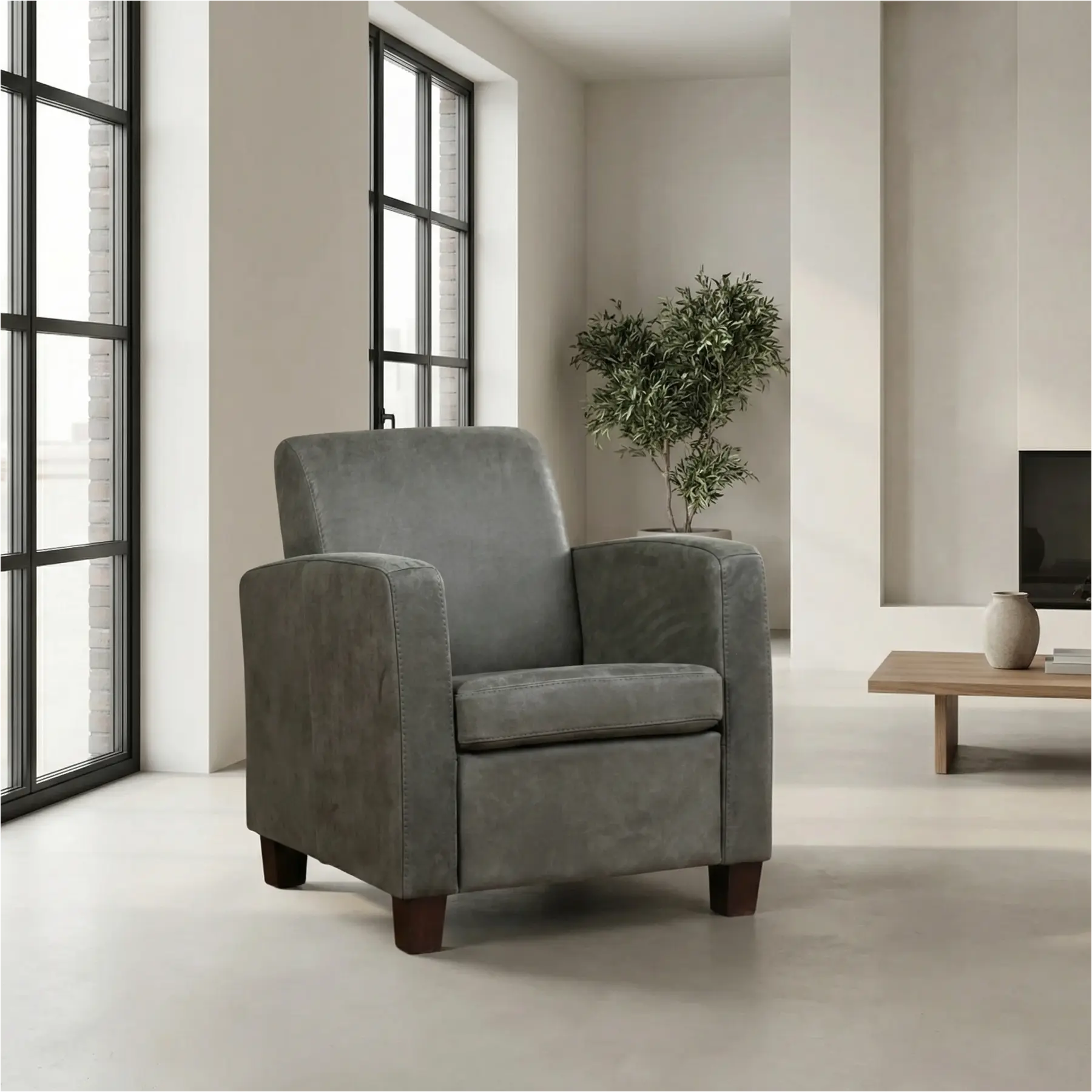 afbeelding van Leren fauteuil Joy - Kenia Antracite (grijs) - Poten hout bruin