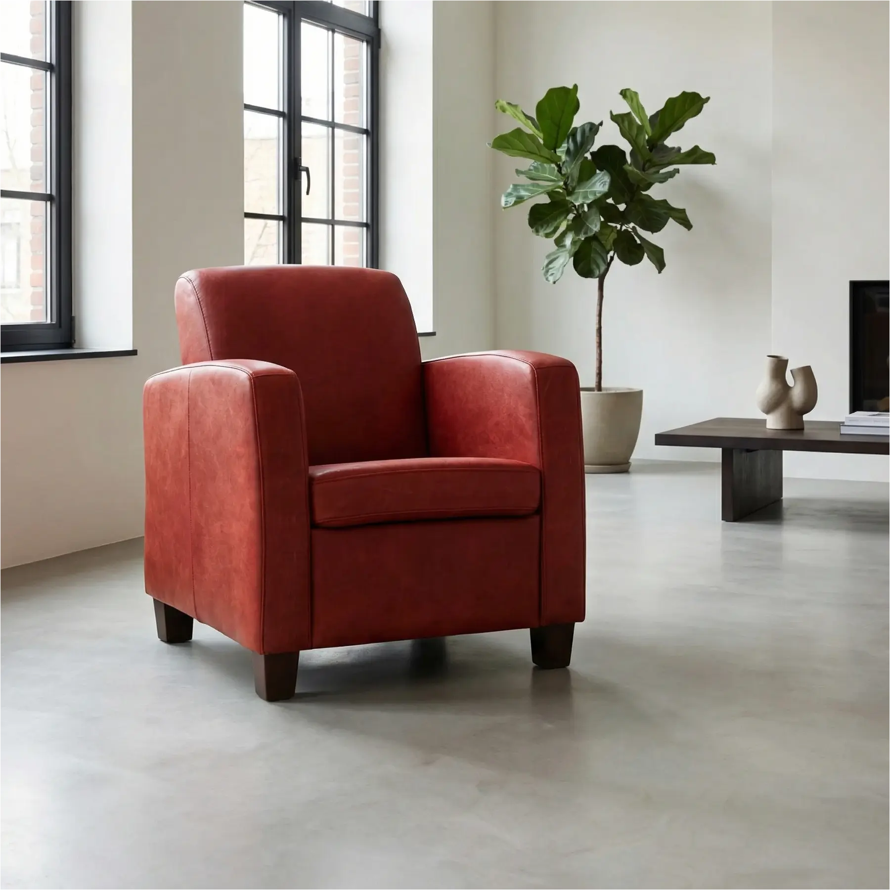 afbeelding van Leren fauteuil Joy - Kenia Burgundy (rood) - Poten hout zwart