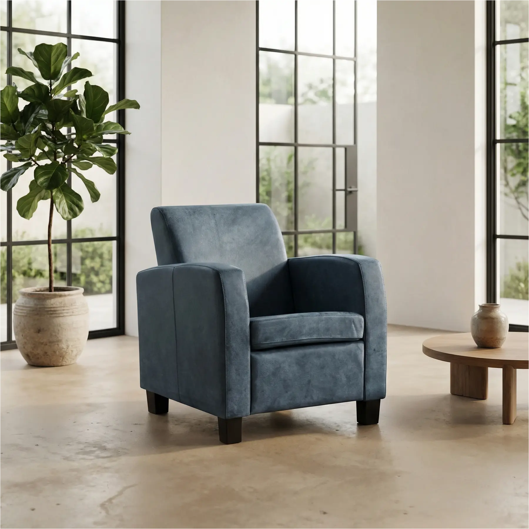 afbeelding van Leren fauteuil Joy - Kenia Denim (blauw) - Poten hout zwart