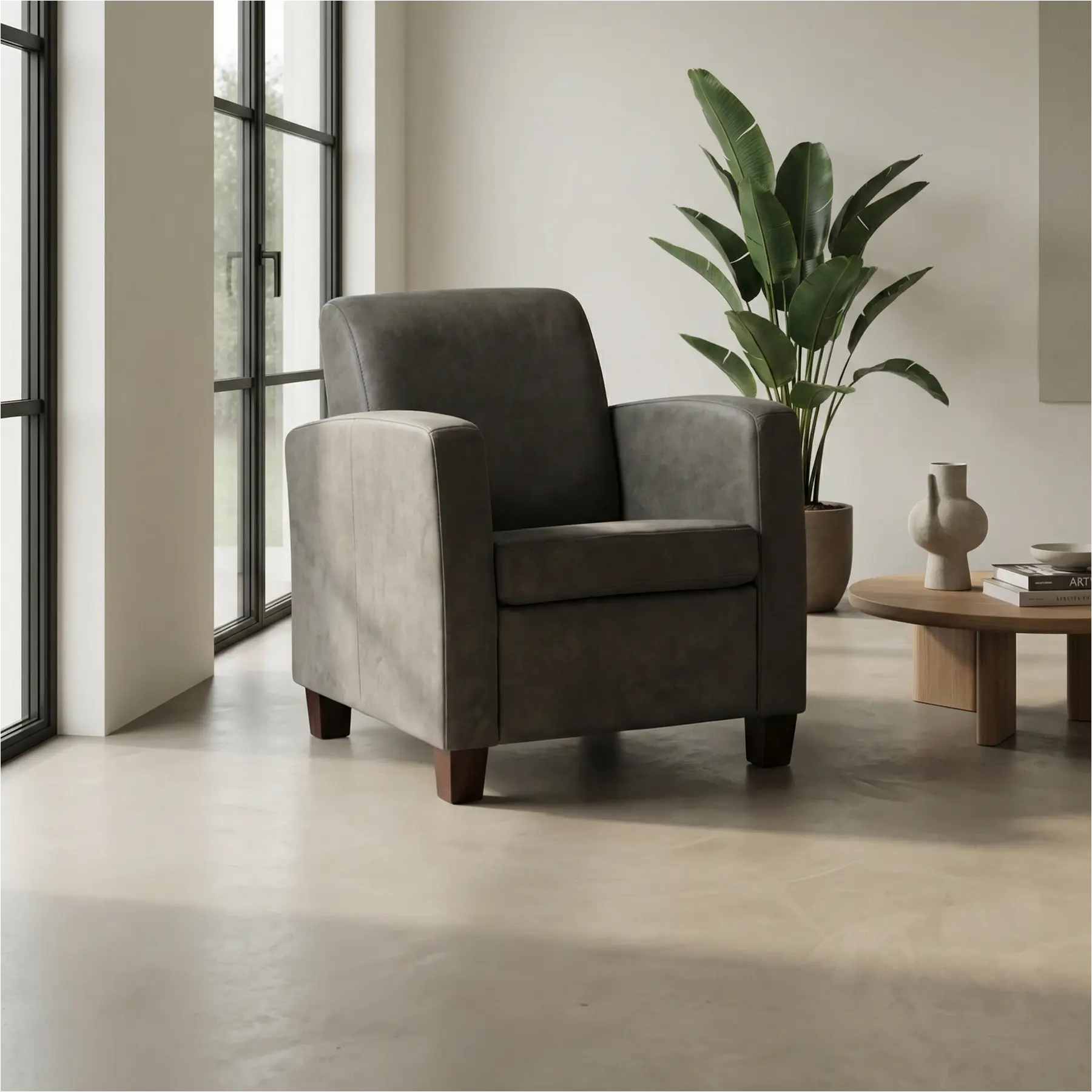 afbeelding van Leren fauteuil Joy - Kenia Antracite (grijs) - Poten hout zwart