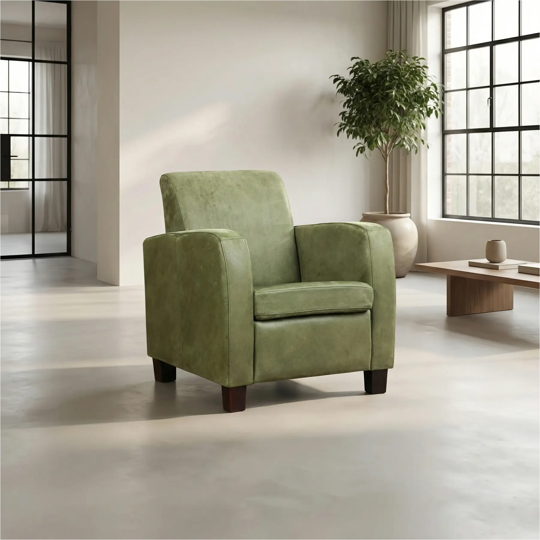 afbeelding van Leren fauteuil Joy - Kenia Olive (olijf) - Poten hout bruin