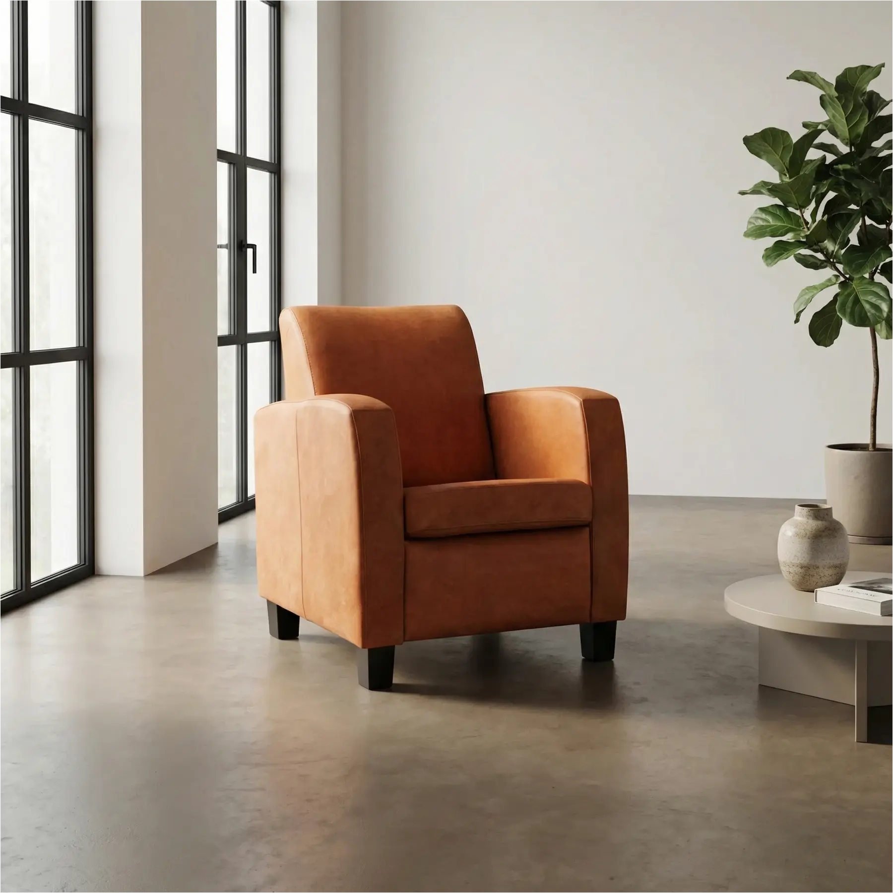 afbeelding van Leren fauteuil Joy - Kenia Rost (oranje) - Poten hout zwart