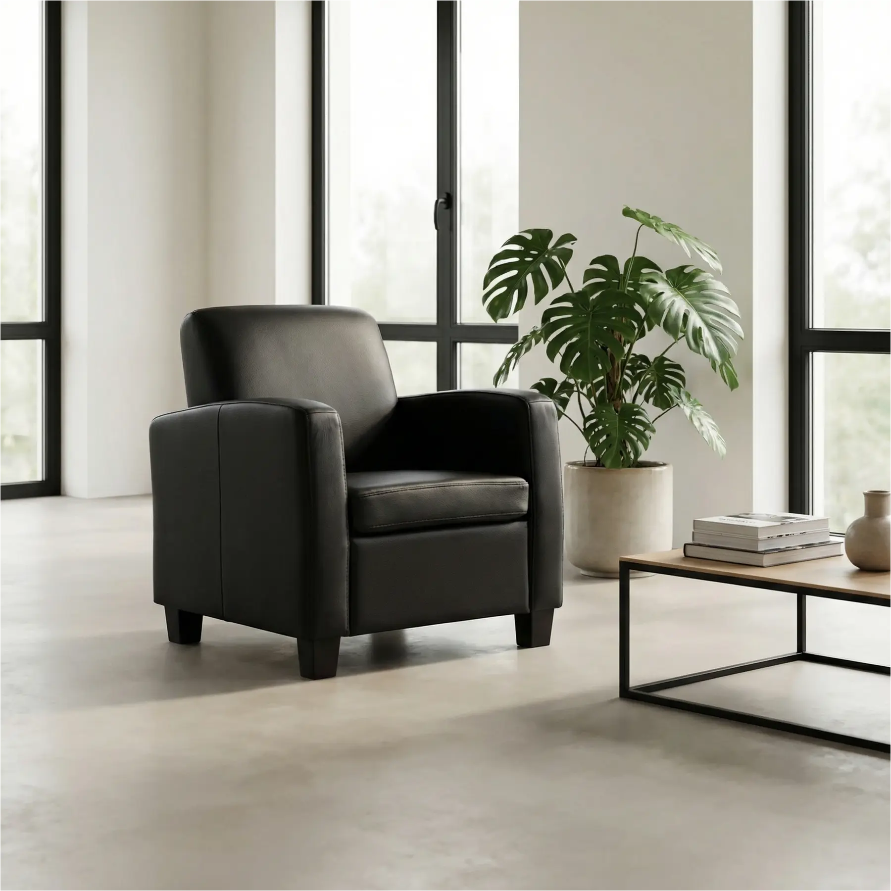 afbeelding van Leren fauteuil Joy - Massif Nero (zwart) - Poten hout bruin