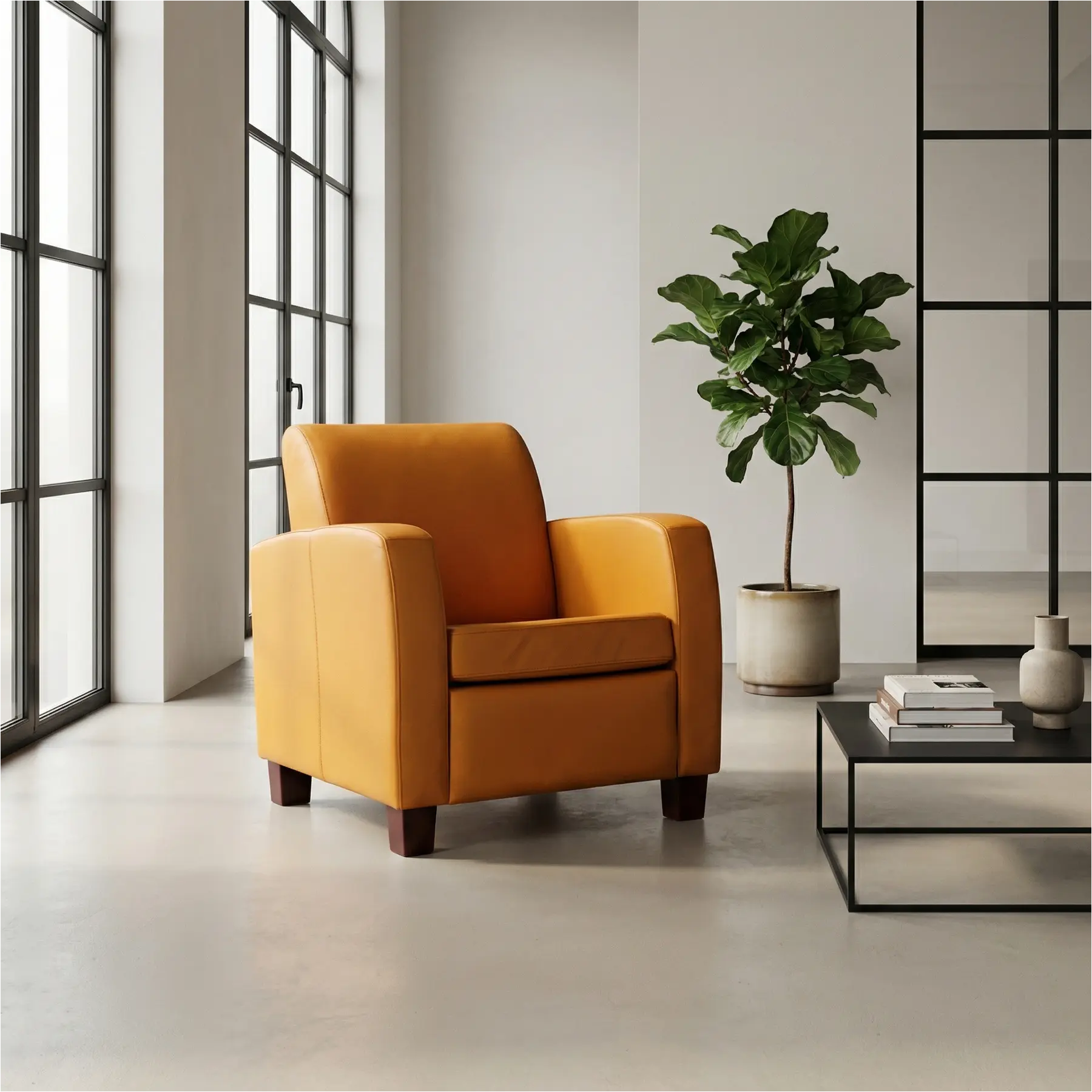 afbeelding van Leren fauteuil Joy - Toledo Leem (geel/bruin) - Poten hout bruin