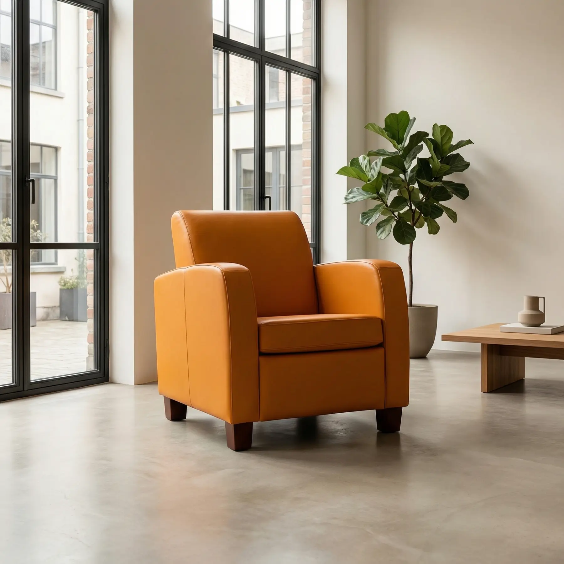 afbeelding van Leren fauteuil Joy - Toledo Leem (geel/bruin) - Poten hout zwart