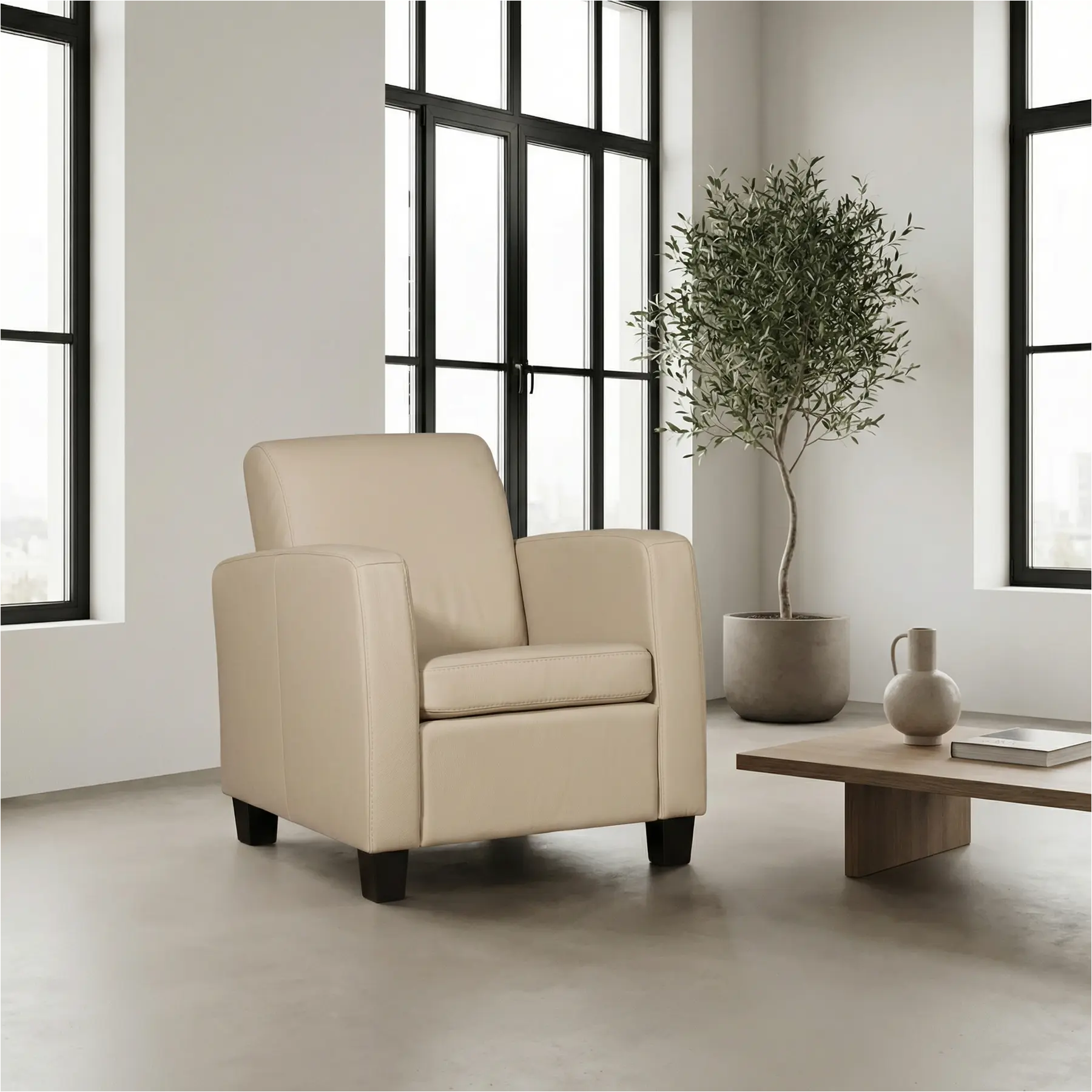 afbeelding van Leren fauteuil Joy - Toledo Mastic (taupe/bruin) - Poten hout zwart