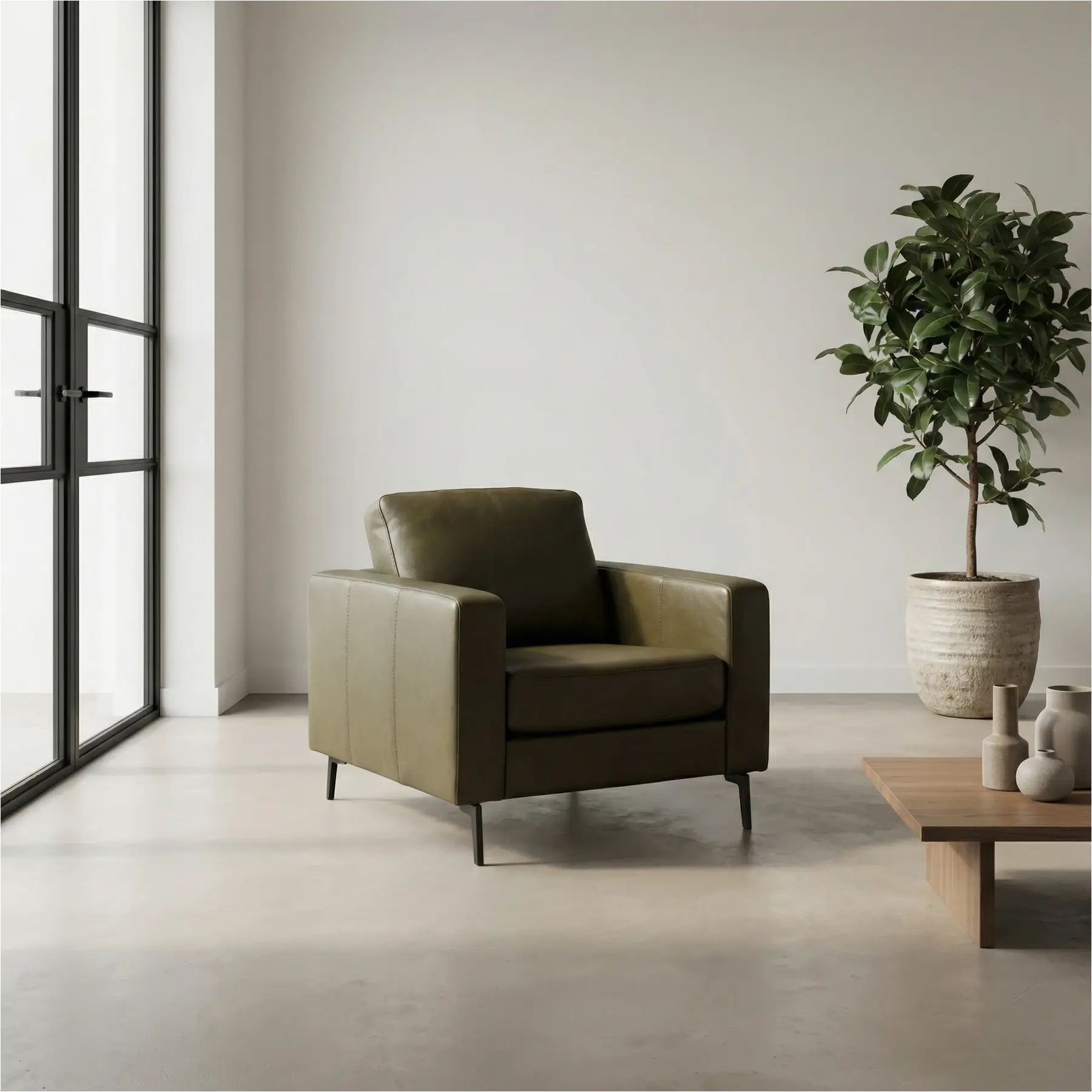 afbeelding van Leren fauteuil Match - Elegance Green (donkergroen) - Poten staal zwart