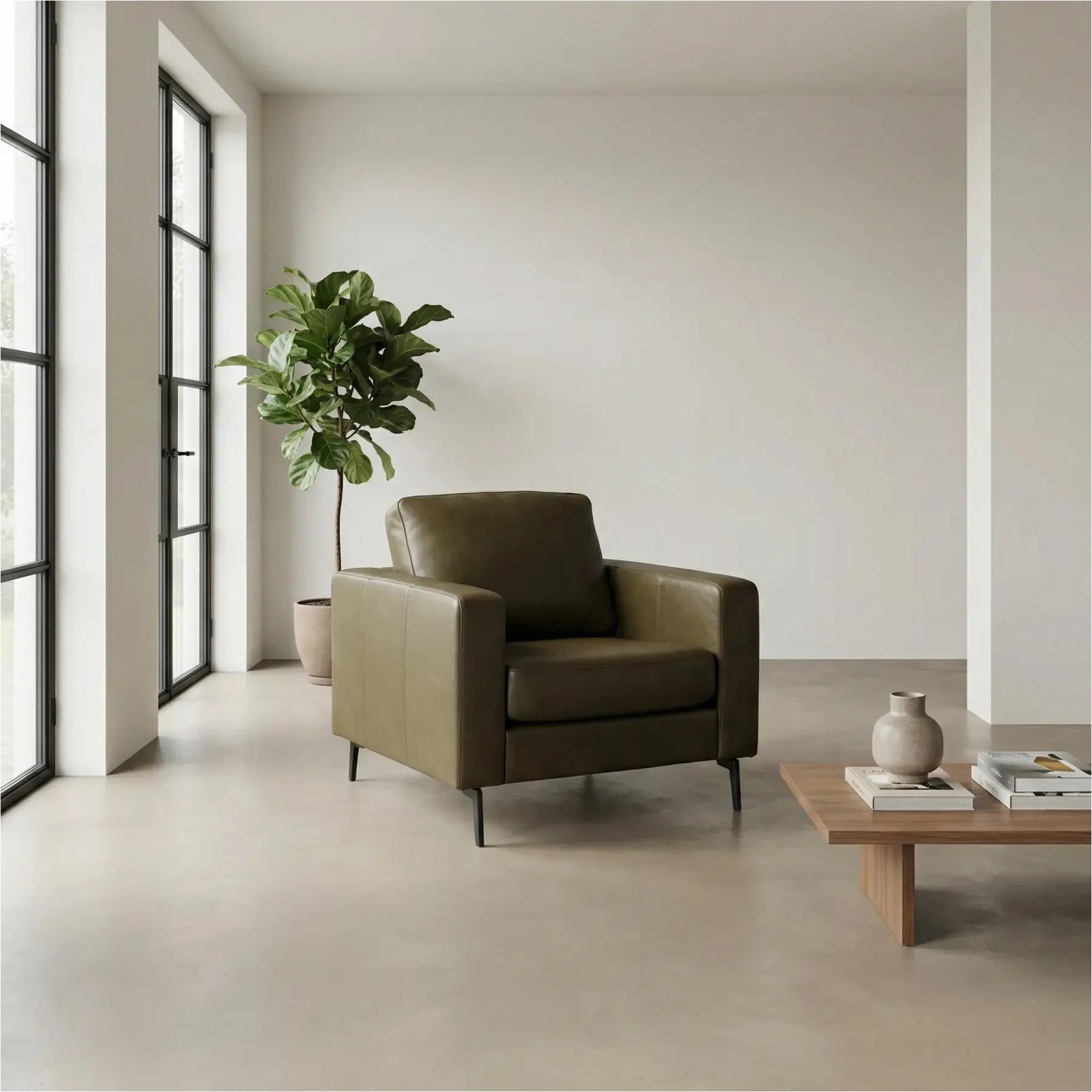 afbeelding van Leren fauteuil Match - Rancho Green (olijf/groen) - Poten staal zwart