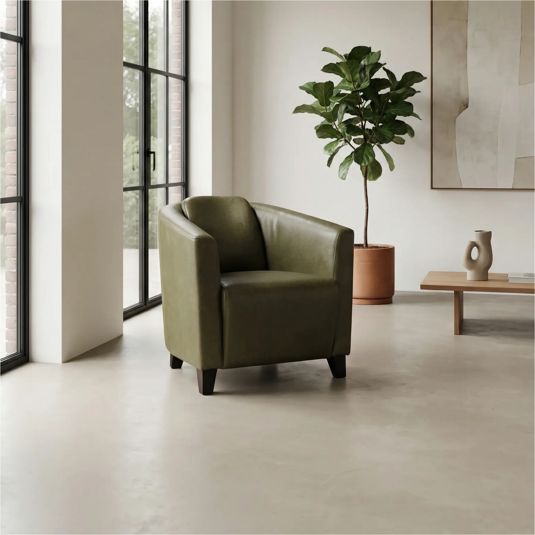 afbeelding van Leren fauteuil Press - Granada Moss (olijf/groen) - Poten hout zwart