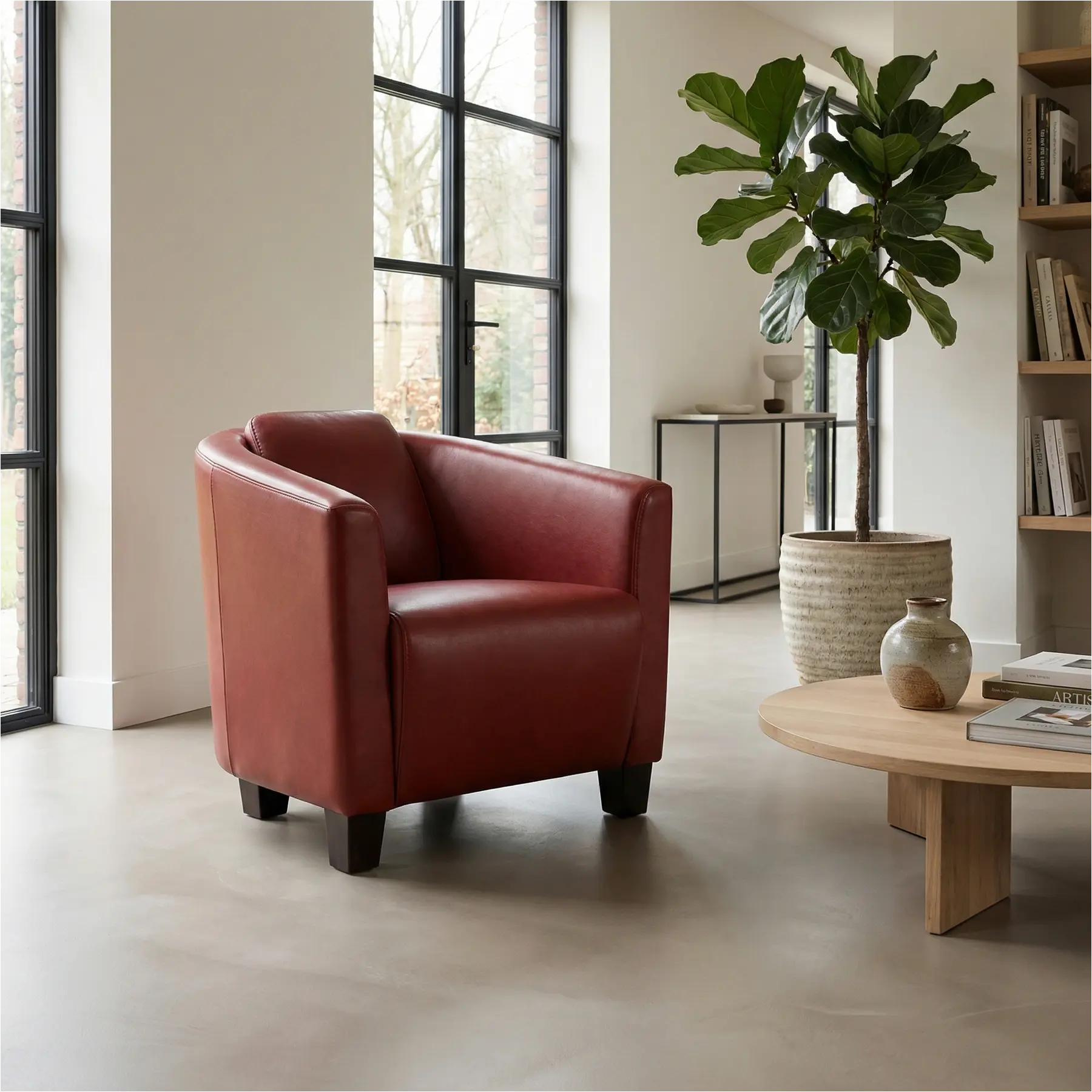 afbeelding van Leren fauteuil Press - Granada Rouge (rood) - Poten hout bruin