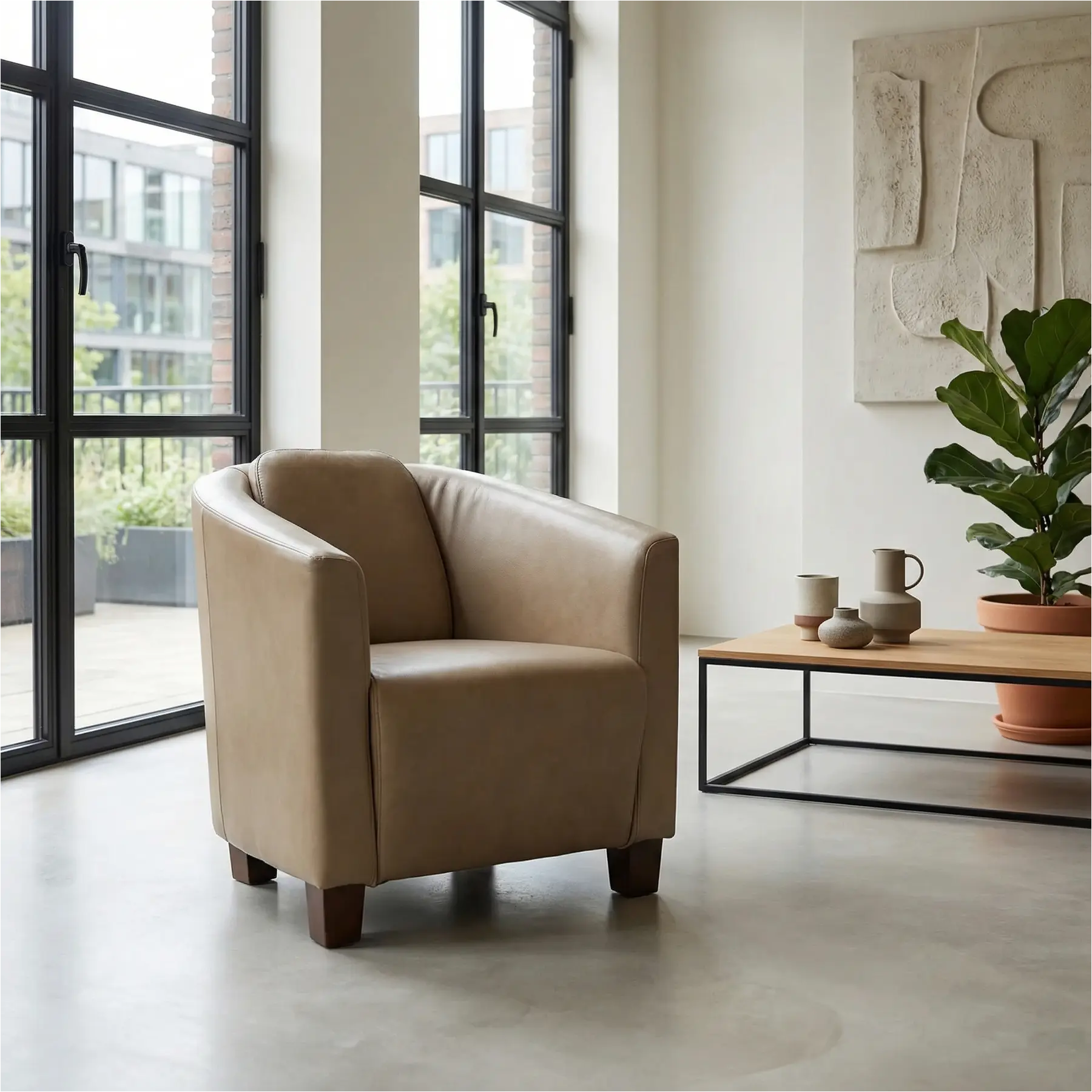 afbeelding van Leren fauteuil Press - Granada Taupe (taupe/bruin) - Poten hout bruin