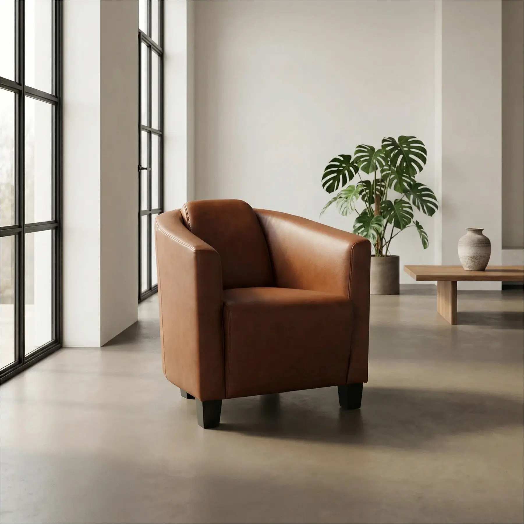 afbeelding van Leren fauteuil Press - Massif Armagnac (donkercognac) - Poten hout zwart