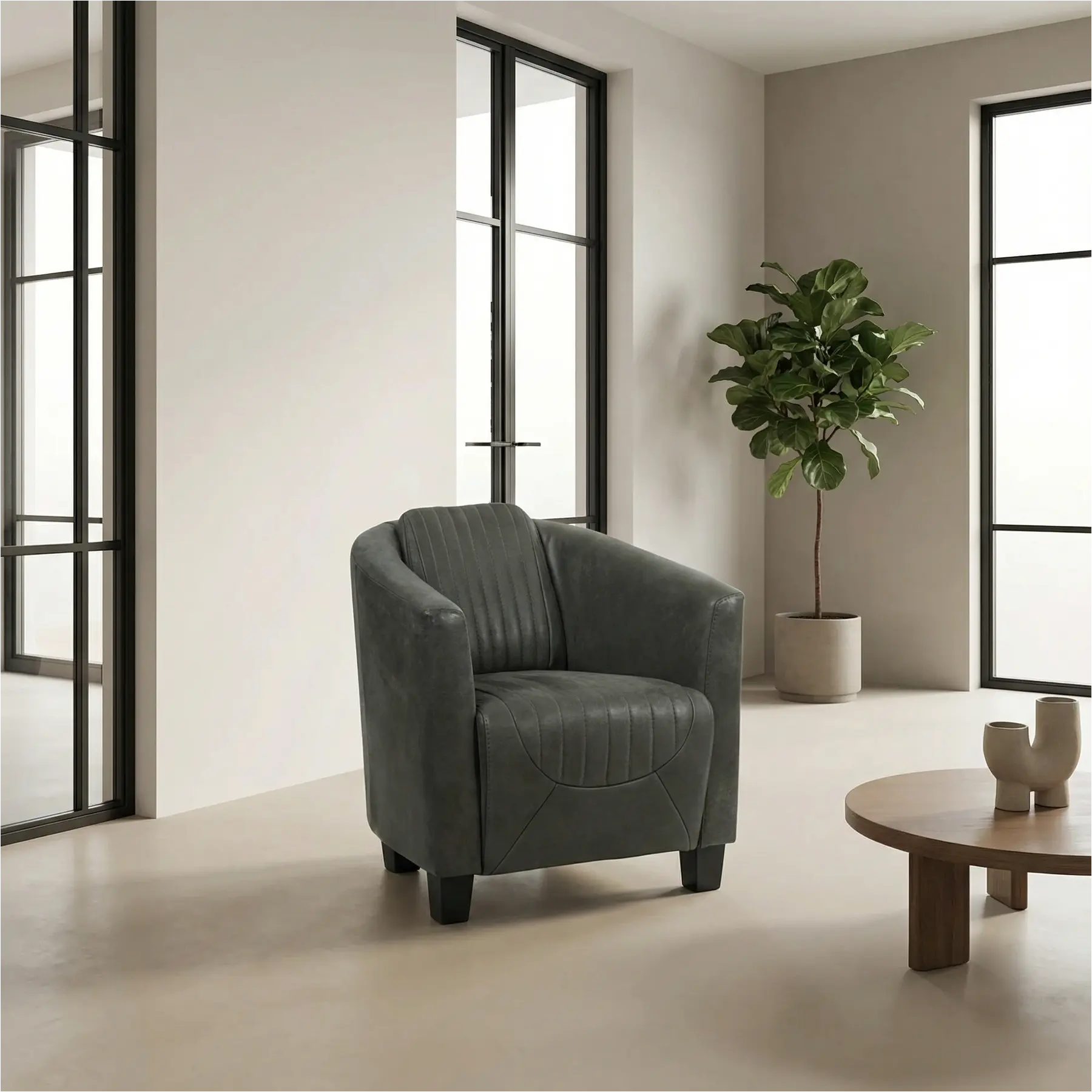 afbeelding van Leren fauteuil Press Special - Kenia Antracite (grijs) - Poten hout zwart