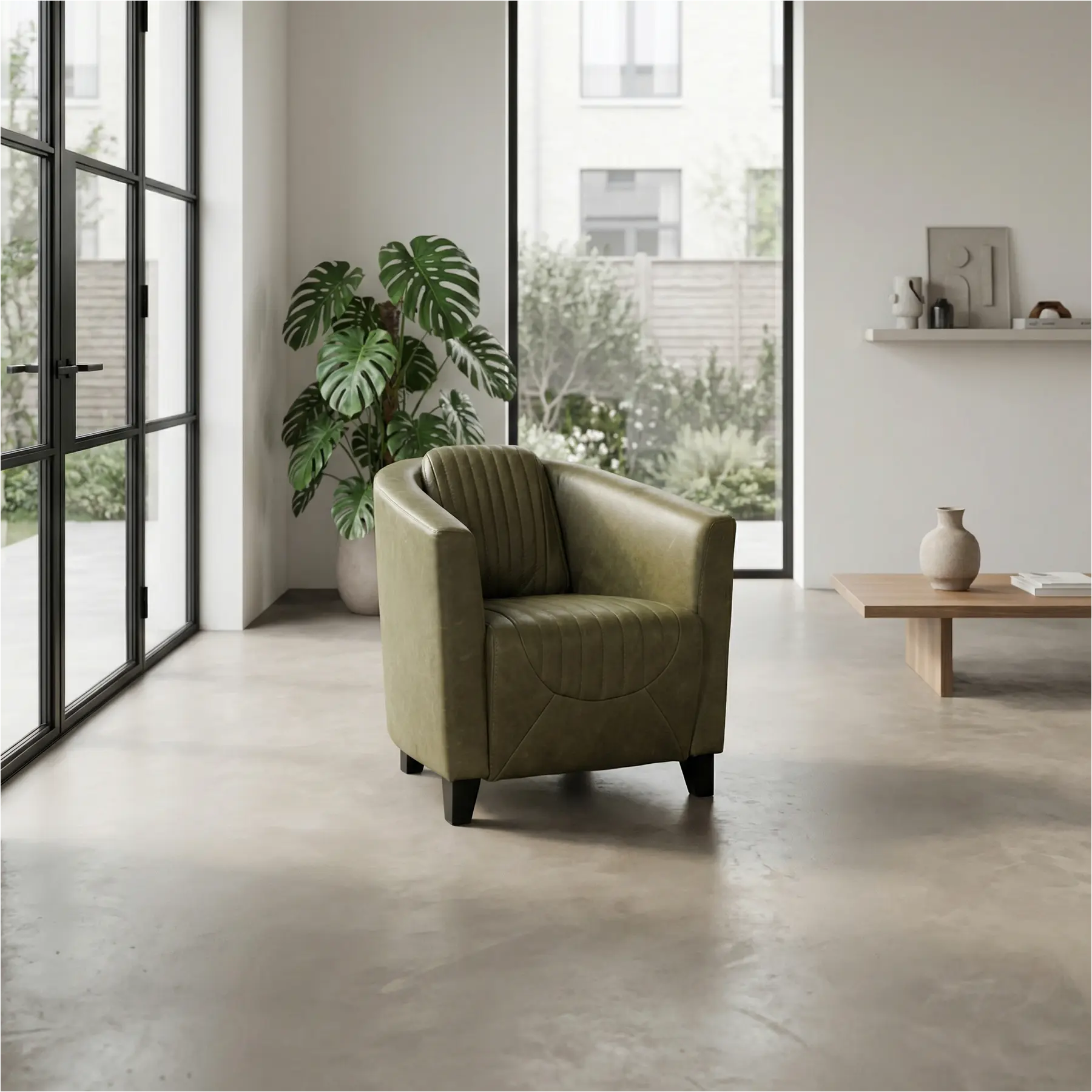 afbeelding van Leren fauteuil Press Special - Vintage Olive (olijf/groen) - Poten hout zwart