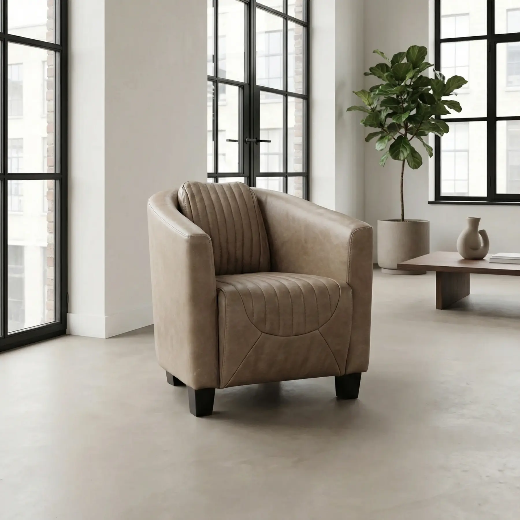 afbeelding van Leren fauteuil Press Special - Vintage Taupe (taupe/bruin) - Poten hout zwart