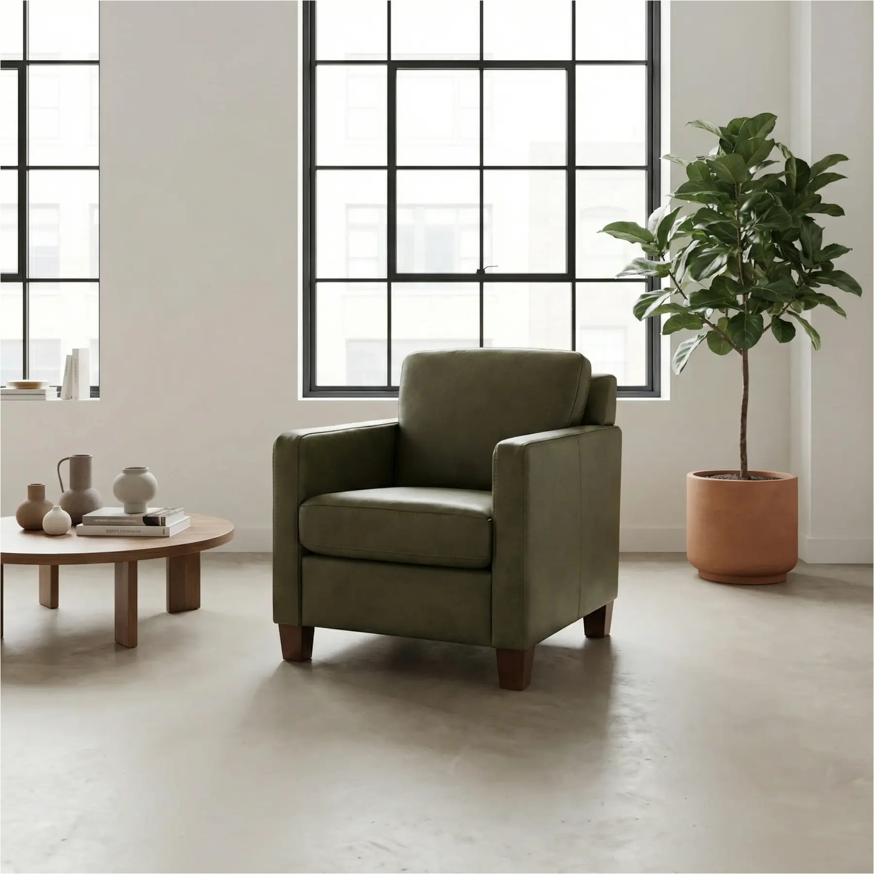 afbeelding van Leren fauteuil Smart - Granada Moss (olijf/groen) - Poten hout bruin