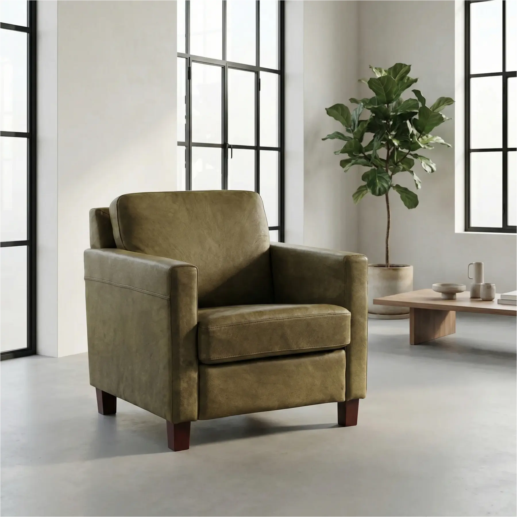 afbeelding van Leren fauteuil Smart - Kenia Olive (olijf) - Poten hout bruin