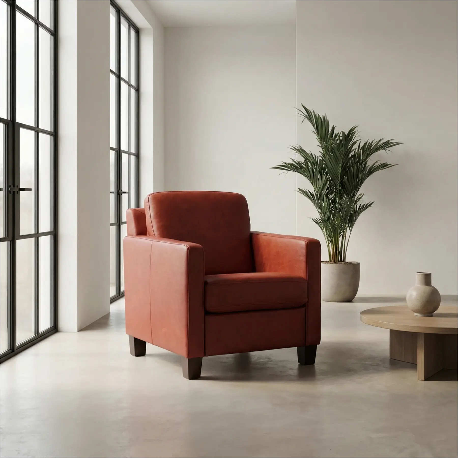 afbeelding van Leren fauteuil Smart - Vintage Burgundy (rood) - Poten hout bruin