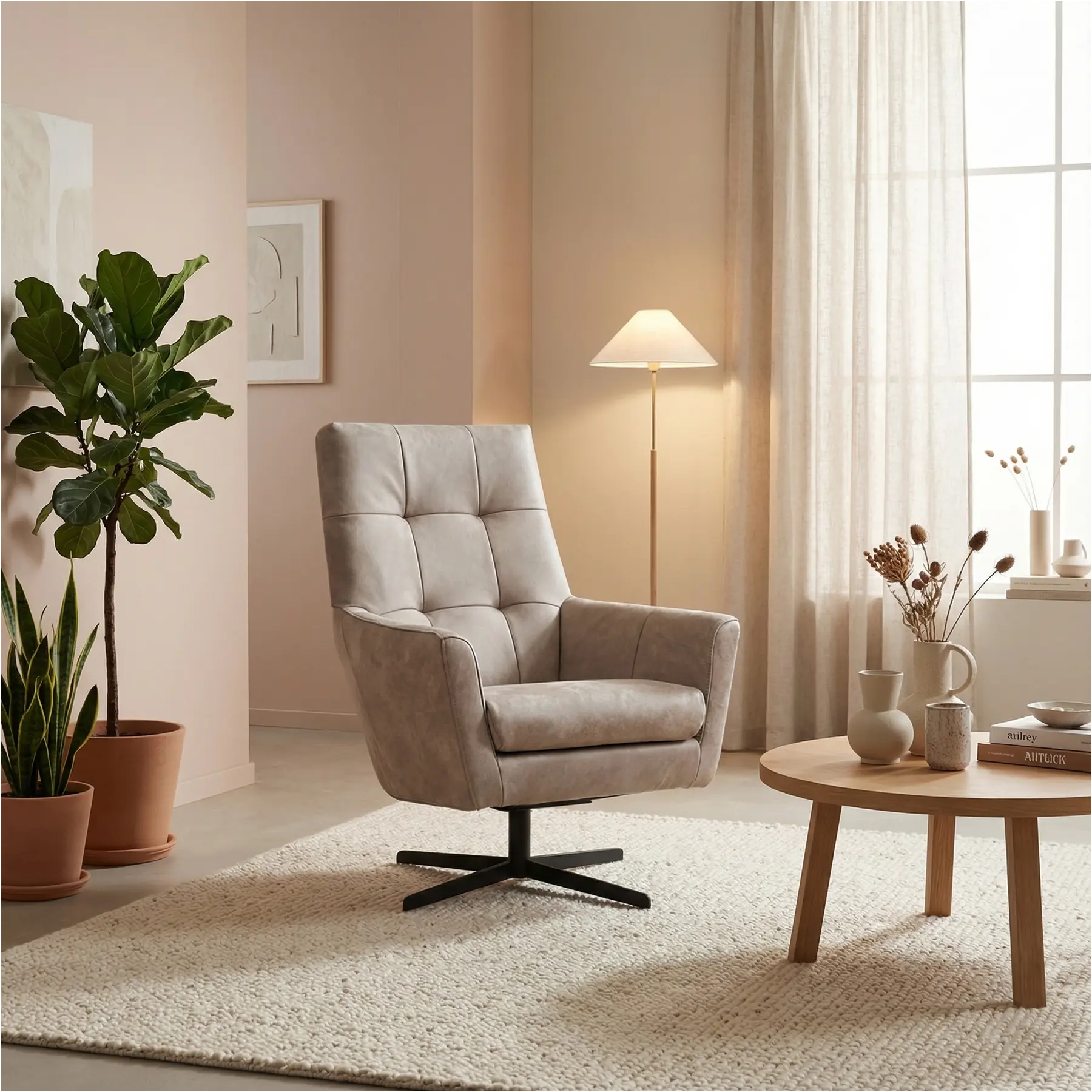 afbeelding van Leren draaifauteuil Central - Kenia Lightgrey (lichtgrijs)