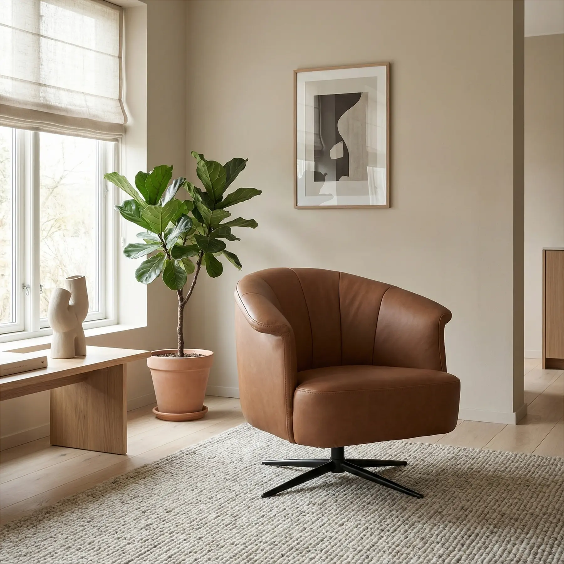 afbeelding van Leren draaifauteuil Embrace - Rancho Cognac (cognac) - stervoet zwart