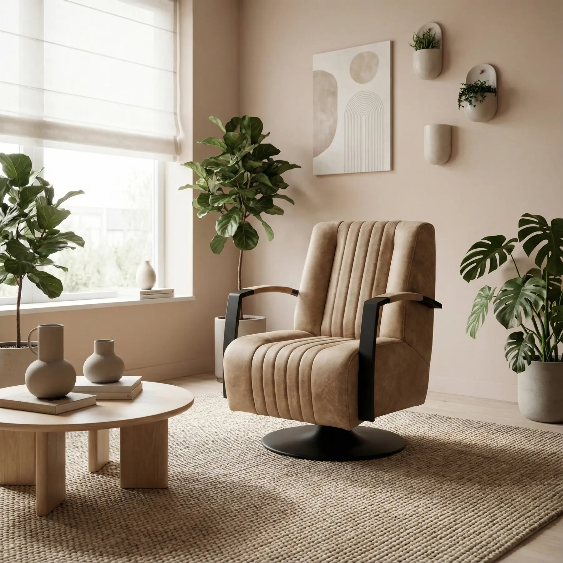 afbeelding van Leren draaifauteuil Galaxy - Kenia Taupe (taupe/bruin) - Schotelvoet zwart