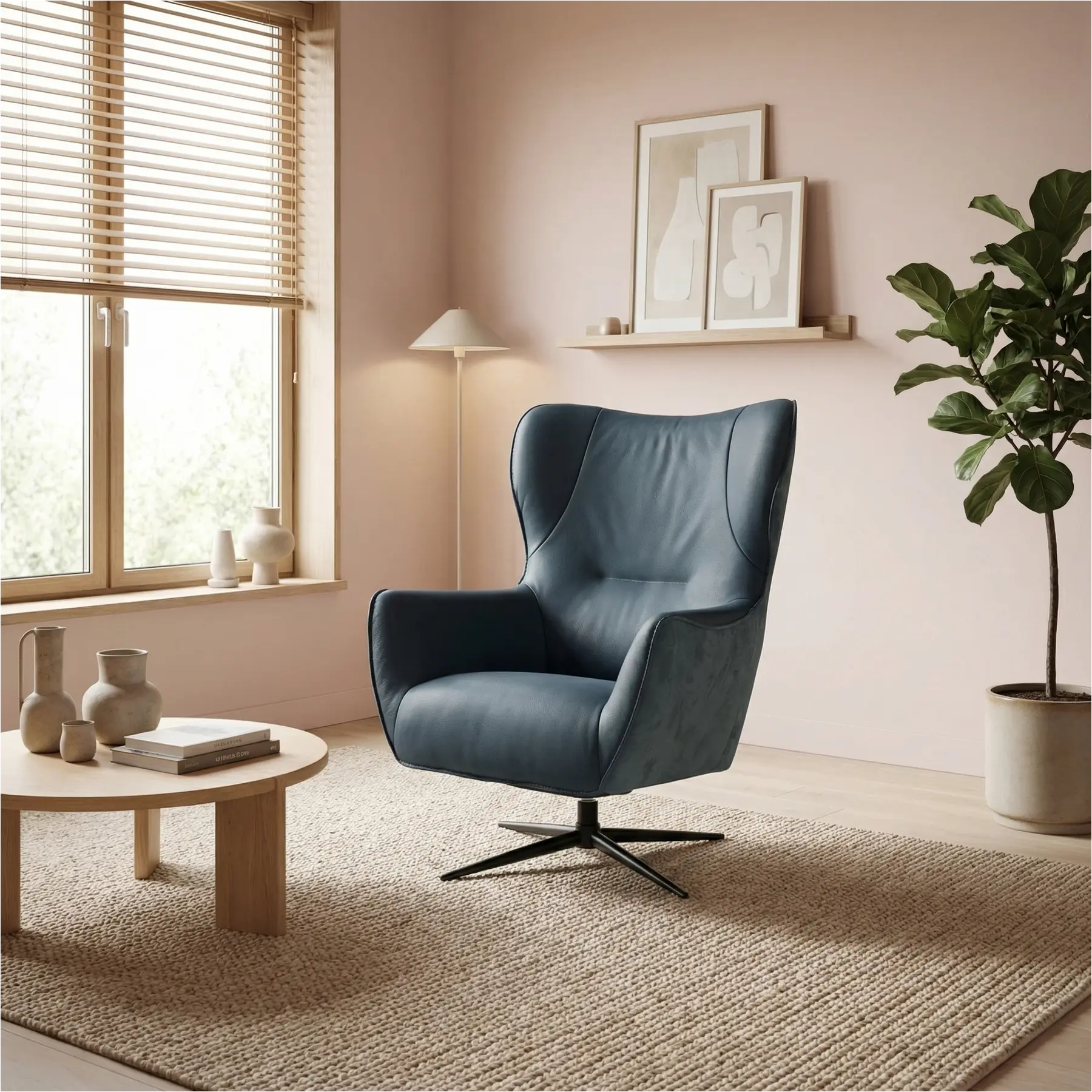 afbeelding van Leren draaifauteuil Leaf Duo - Kenia Denim en Toledo Marine - Stervoet zwart