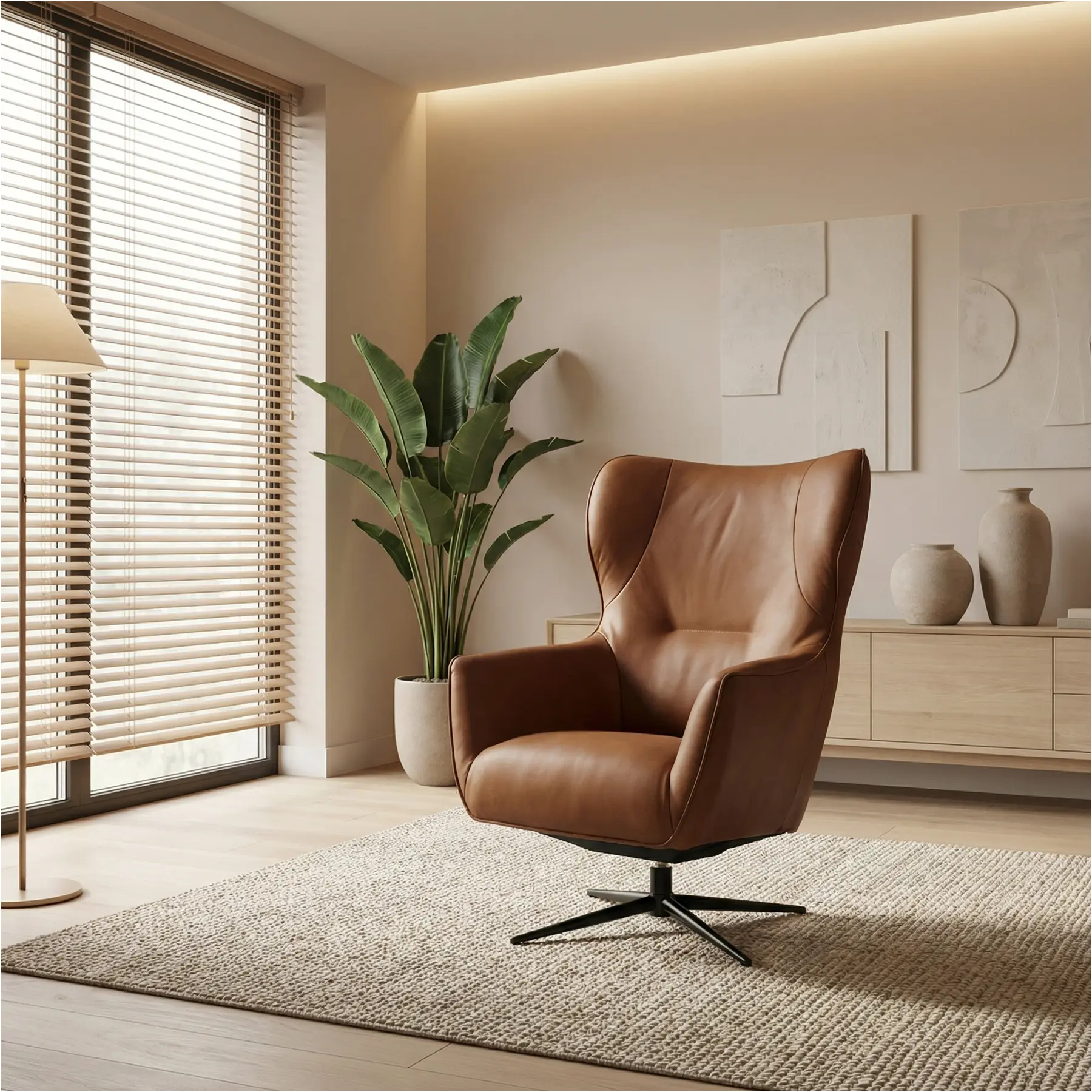 afbeelding van Leren draaifauteuil Leaf - Rancho Cognac (cognac) - Stervoet zwart