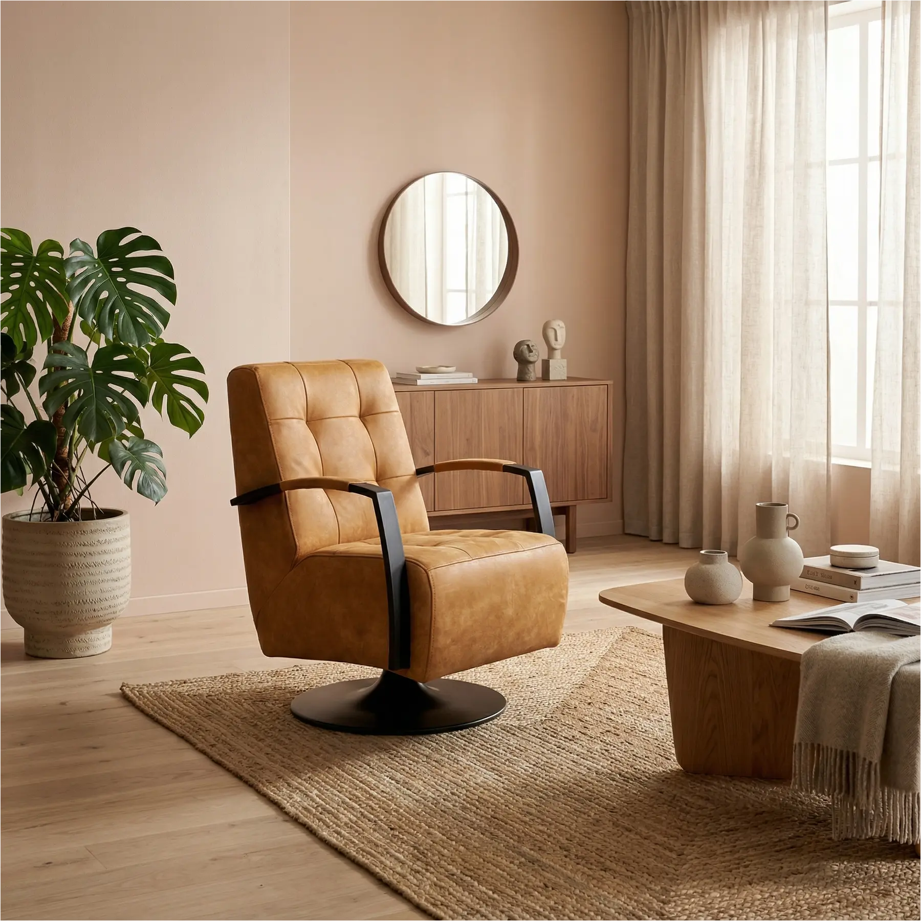 afbeelding van Leren draaifauteuil Mind - Kenia Cognac (cognac) - Schotelvoet zwart